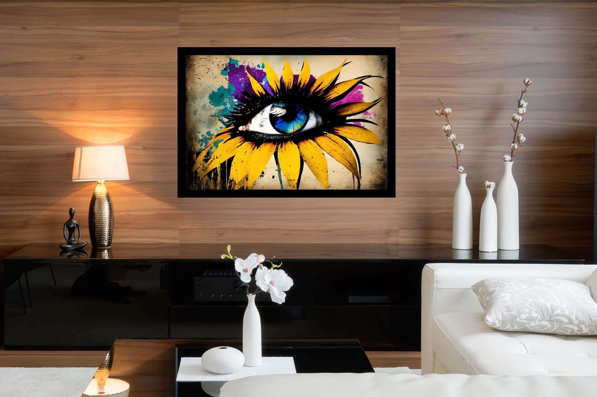 Sunflower gaze amidst azure dreams: Vibrant eye art with vivid eye illustrations, in a room with contemporary flair, mural artworks, and trendy home accents. The art can be printed on poster, framed poster, canvas, metal, acrylic or wood, exclusively at WallArtZen. Find this exact print at https://wallartzen.com/waz80