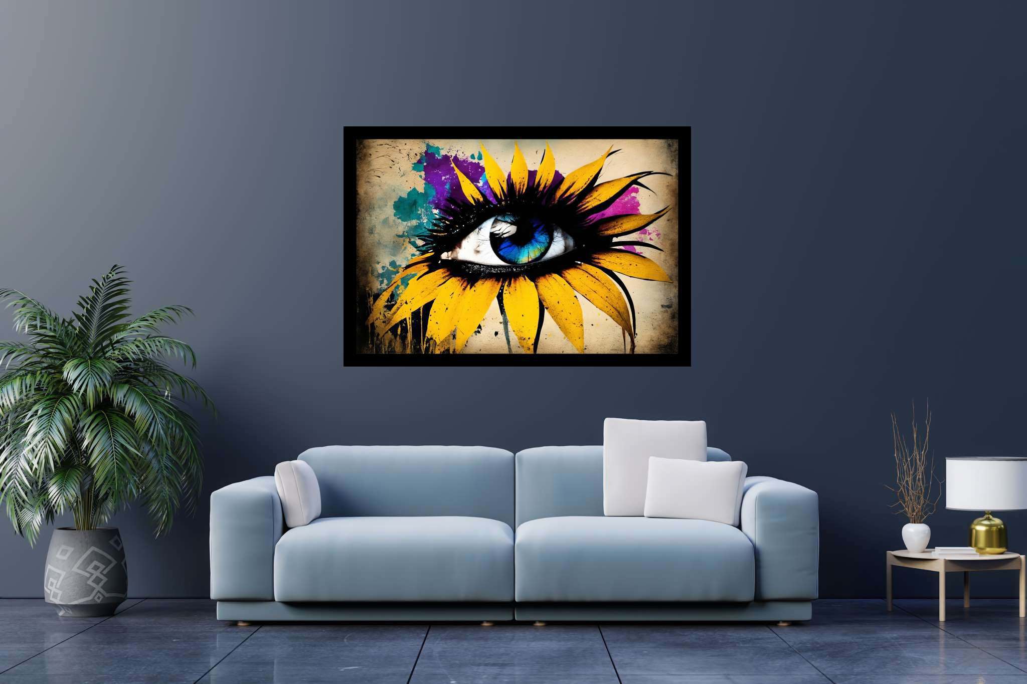 Sunflower gaze amidst azure dreams: Vibrant eye art with colorful eye painting, in a room with artistic style, digital art pieces, and trendy home accents. The art can be printed on poster, framed poster, canvas, metal, acrylic or wood, exclusively at WallArtZen. Find this exact print at https://wallartzen.com/waz80