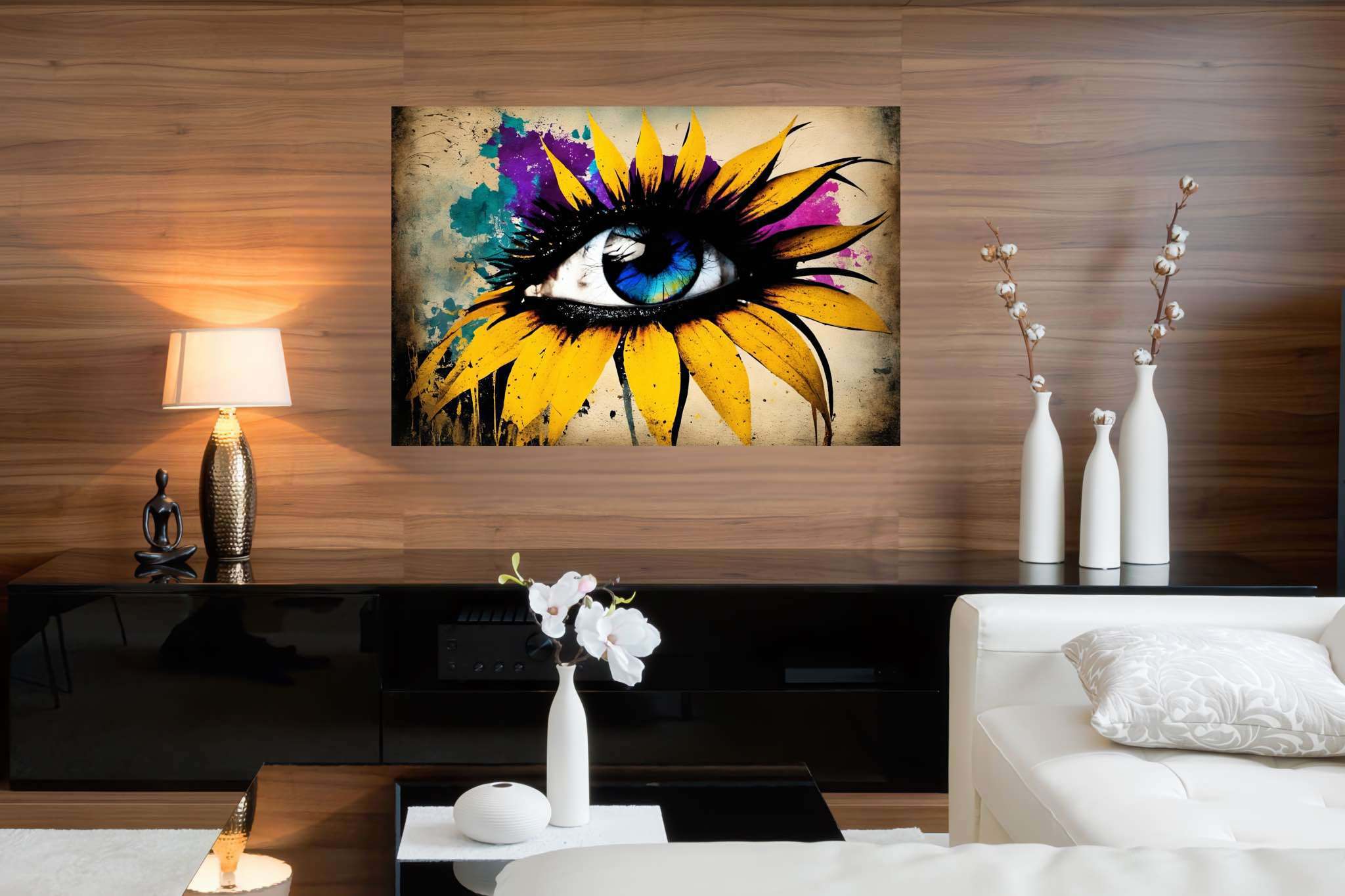 Sunflower gaze amidst azure dreams: Vibrant eye art with vibrant eye murals, in a room with innovative layout, mural artworks, and artisan decor. The art can be printed on poster, framed poster, canvas, metal, acrylic or wood, exclusively at WallArtZen. Find this exact print at https://wallartzen.com/waz80