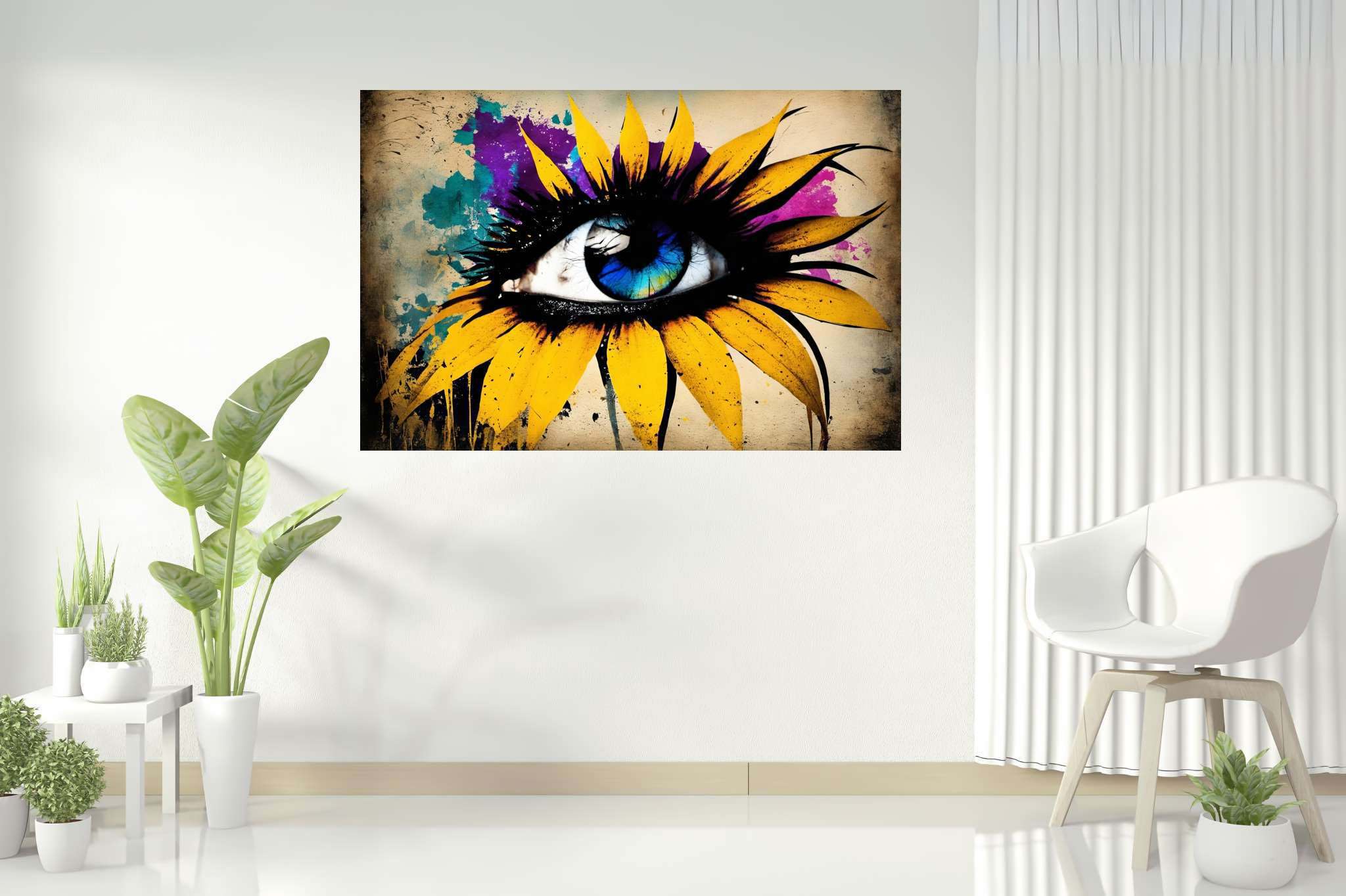 Sunflower gaze amidst azure dreams: Vibrant eye art with captivating eye designs, in a room with classic elegance, bespoke art designs, and interior decorations. The art can be printed on poster, framed poster, canvas, metal, acrylic or wood, exclusively at WallArtZen. Find this exact print at https://wallartzen.com/waz80