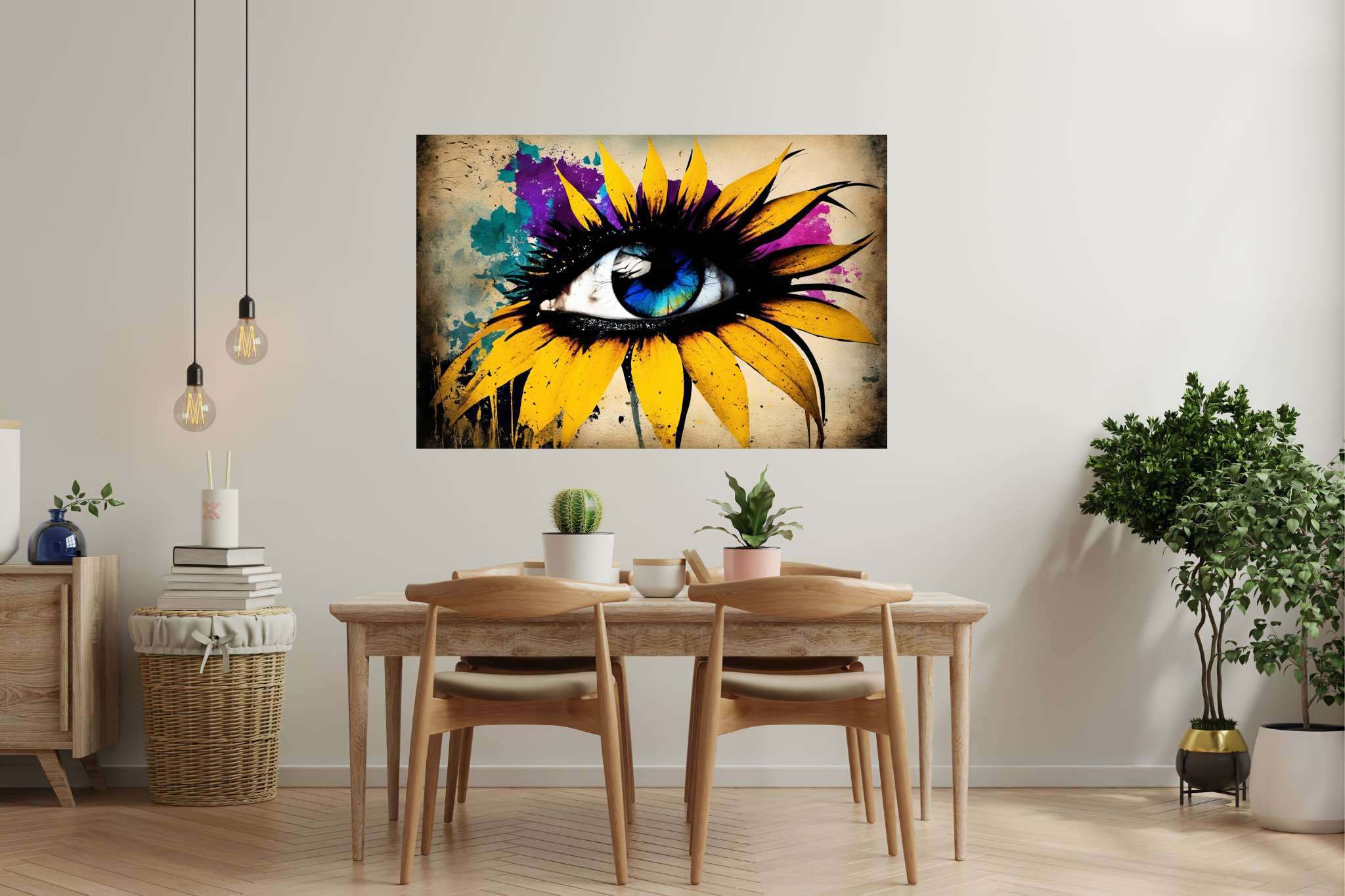 Sunflower gaze amidst azure dreams: Vibrant eye art with expressive eye artwork, in a room with elegant layout, wall art, and interior decorations. The art can be printed on poster, framed poster, canvas, metal, acrylic or wood, exclusively at WallArtZen. Find this exact print at https://wallartzen.com/waz80