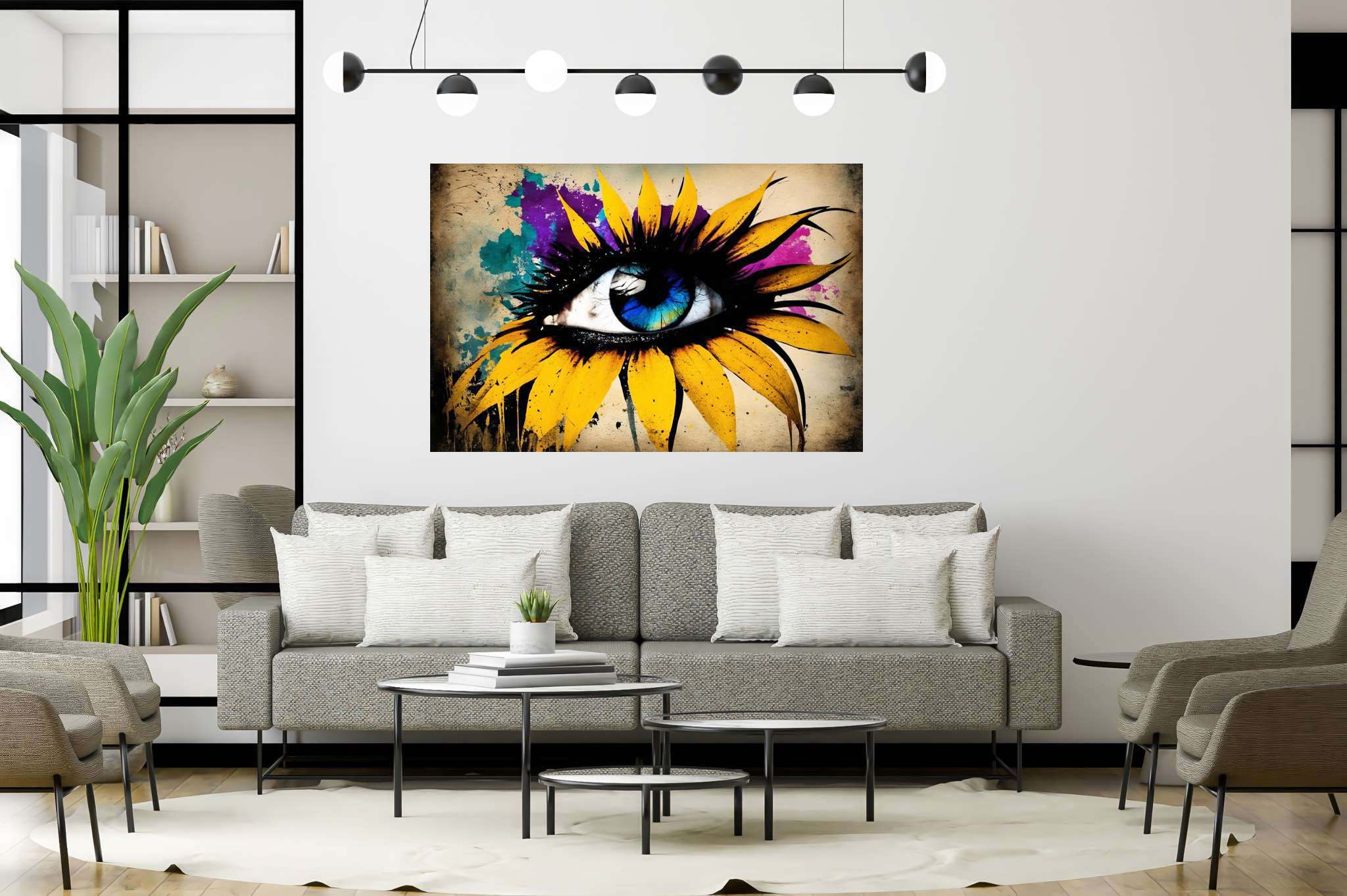 Sunflower gaze amidst azure dreams: Vibrant eye art with colorful eye painting, in a room with minimalist approach, bespoke art designs, and artisan decor. The art can be printed on poster, framed poster, canvas, metal, acrylic or wood, exclusively at WallArtZen. Find this exact print at https://wallartzen.com/waz80