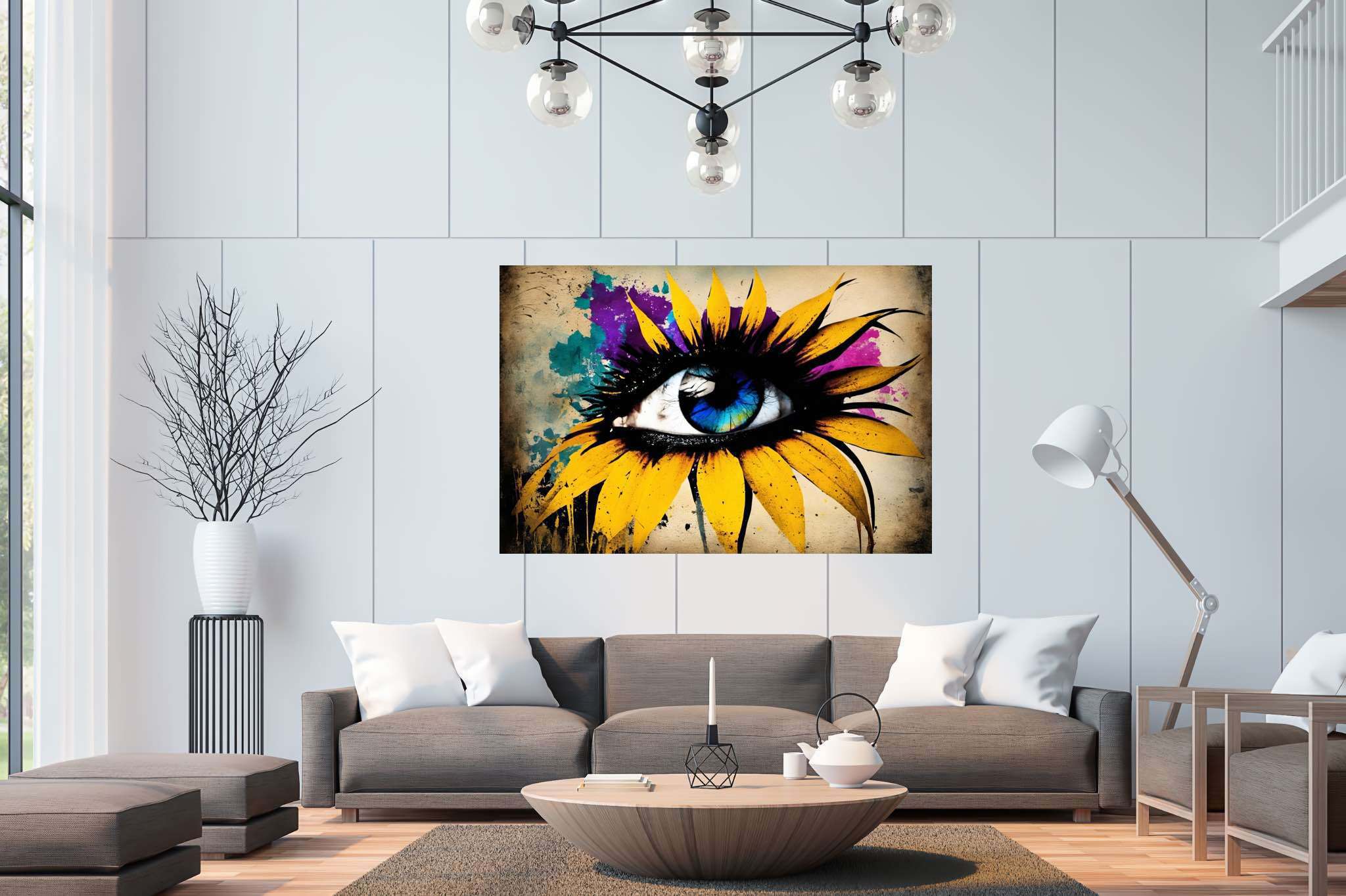 Sunflower gaze amidst azure dreams: Vibrant eye art with energetic eye drawings, in a room with classic elegance, fine art prints, and designer furniture. The art can be printed on poster, framed poster, canvas, metal, acrylic or wood, exclusively at WallArtZen. Find this exact print at https://wallartzen.com/waz80