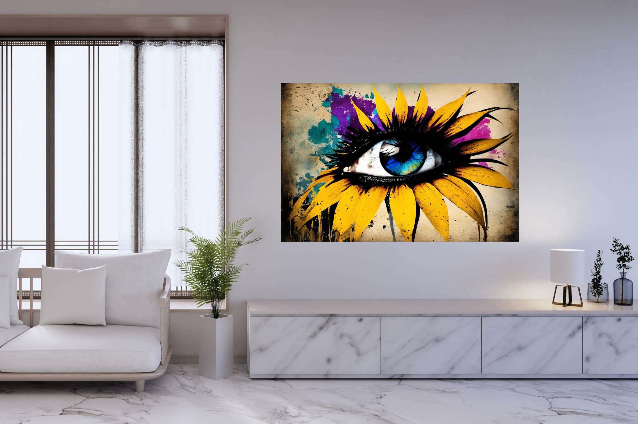 Sunflower gaze amidst azure dreams: Vibrant eye art with energetic eye drawings, in a room with minimalist approach, fine art prints, and interior decorations. The art can be printed on poster, framed poster, canvas, metal, acrylic or wood, exclusively at WallArtZen. Find this exact print at https://wallartzen.com/waz80
