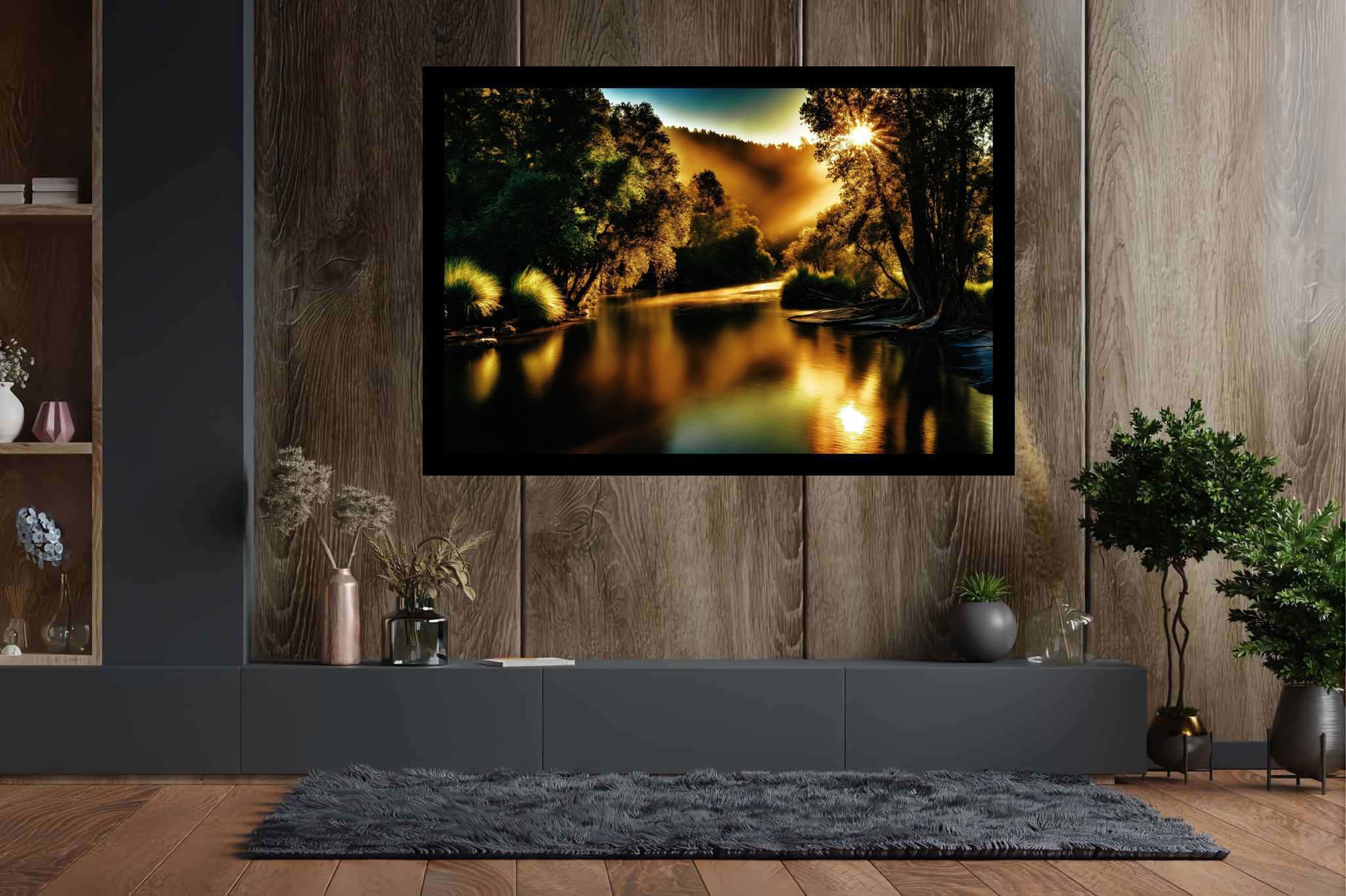 Golden hour reverie: Tranquil forest river art with serene nature art, in a room with classic elegance, digital art pieces, and interior decorations. The art can be printed on poster, framed poster, canvas, metal, acrylic or wood, exclusively at WallArtZen. Find this exact print at https://wallartzen.com/waz81