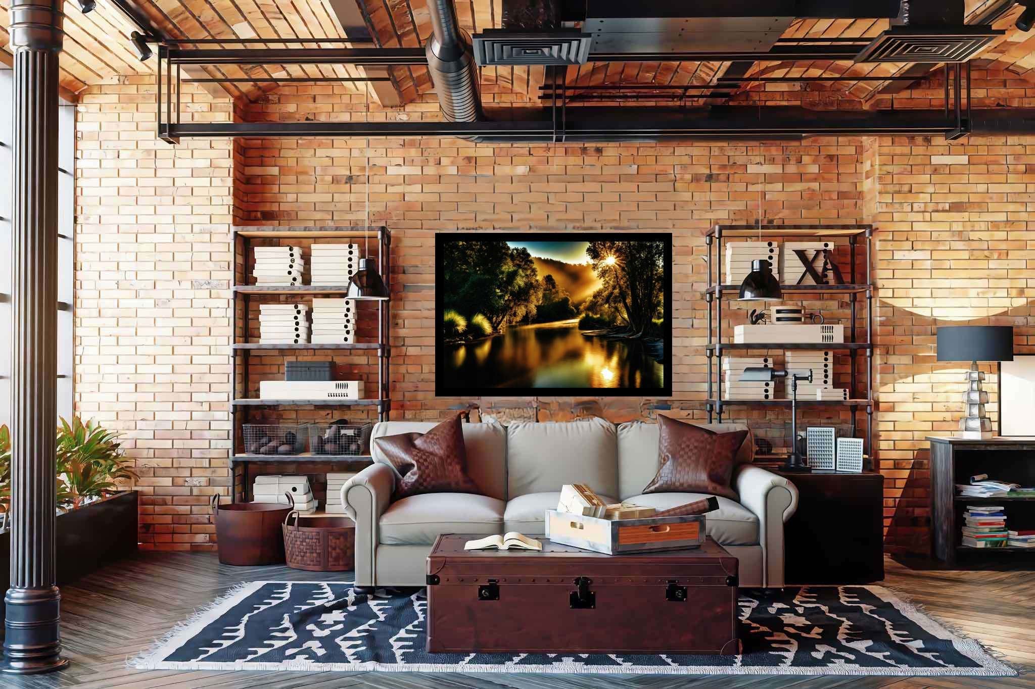 Golden hour reverie: Tranquil forest river art with tranquil river artwork, in a room with urban design, mural artworks, and stylish accessories. The art can be printed on poster, framed poster, canvas, metal, acrylic or wood, exclusively at WallArtZen. Find this exact print at https://wallartzen.com/waz81