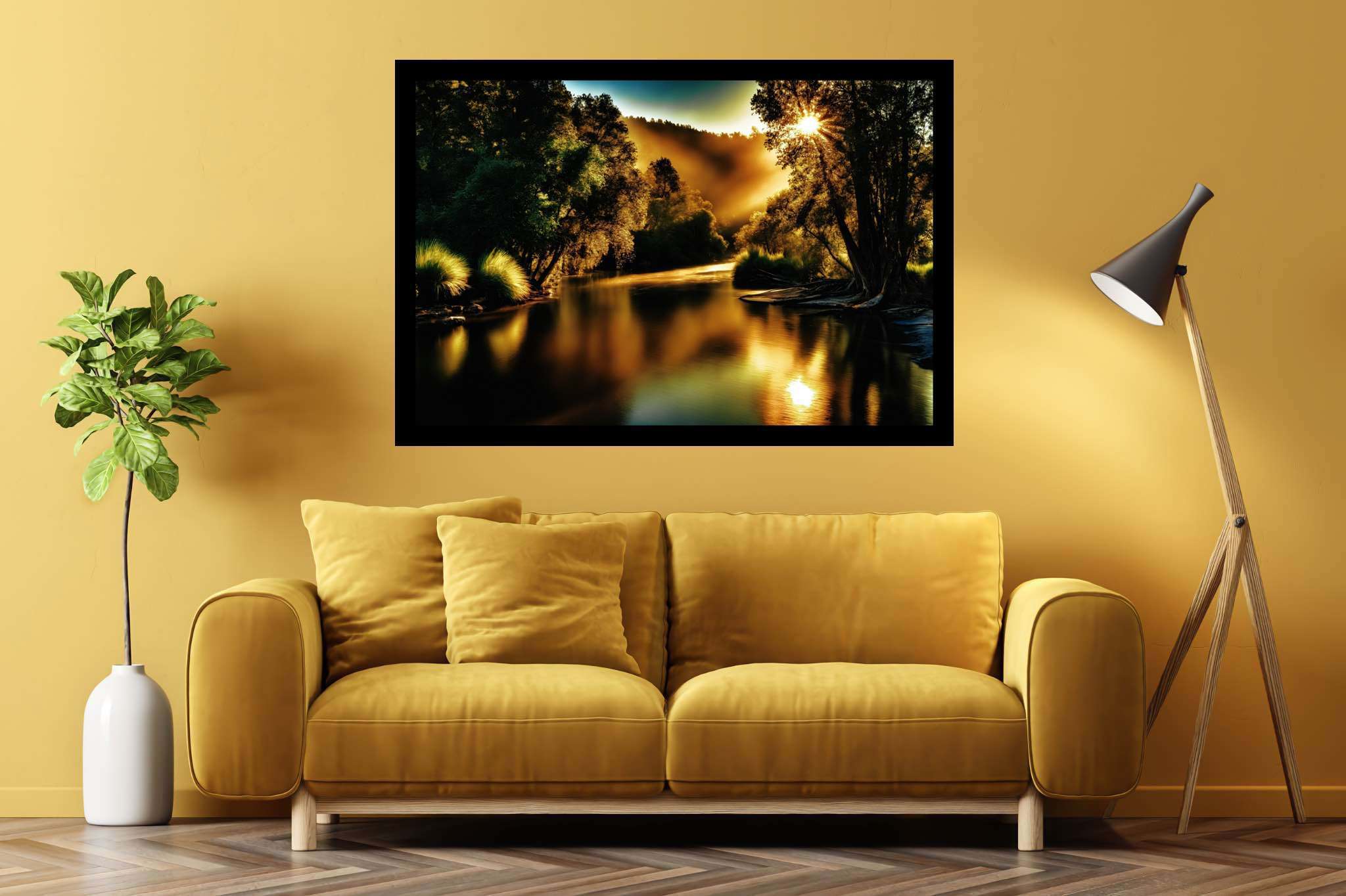 Golden hour reverie: Tranquil forest river art with nature-inspired paintings, in a room with modern style, bespoke art designs, and trendy home accents. The art can be printed on poster, framed poster, canvas, metal, acrylic or wood, exclusively at WallArtZen. Find this exact print at https://wallartzen.com/waz81
