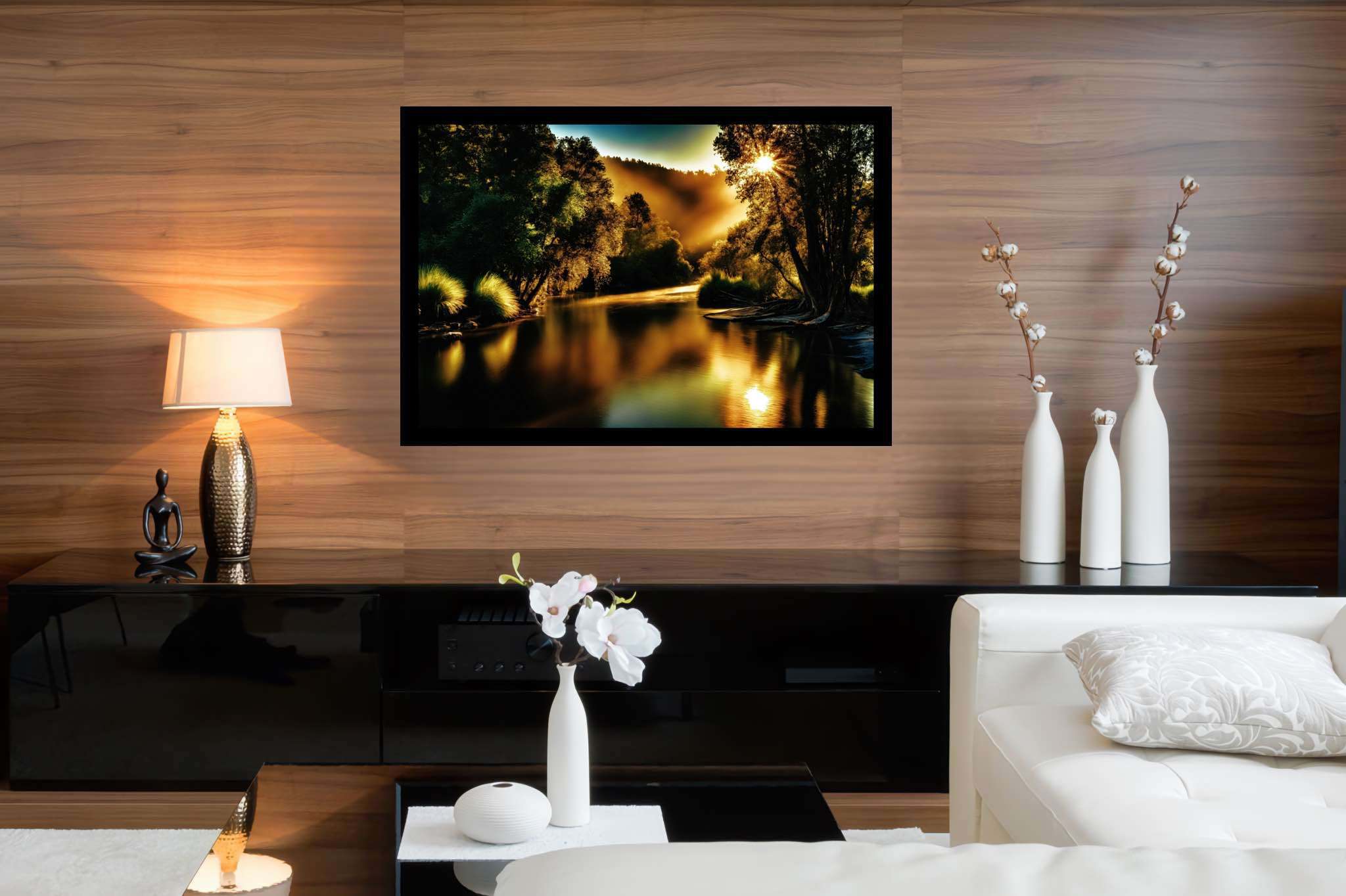 Golden hour reverie: Tranquil forest river art with tranquil forest river art, in a room with elegant layout, canvas prints, and home styling items. The art can be printed on poster, framed poster, canvas, metal, acrylic or wood, exclusively at WallArtZen. Find this exact print at https://wallartzen.com/waz81