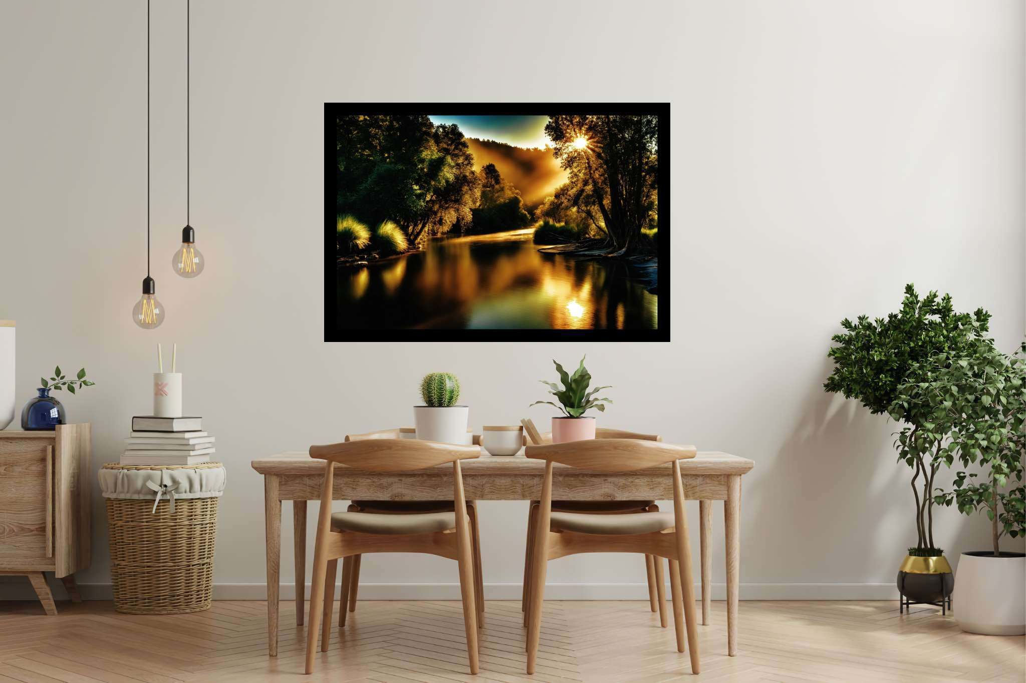 Golden hour reverie: Tranquil forest river art with soothing nature artworks, in a room with contemporary flair, canvas prints, and designer furniture. The art can be printed on poster, framed poster, canvas, metal, acrylic or wood, exclusively at WallArtZen. Find this exact print at https://wallartzen.com/waz81
