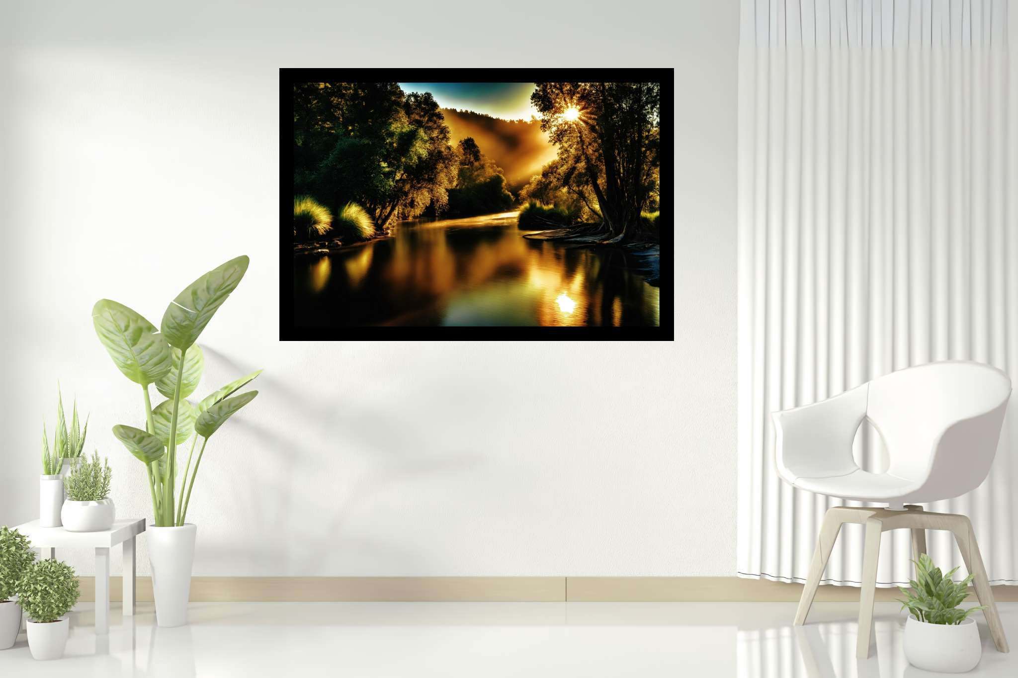Golden hour reverie: Tranquil forest river art with scenic art prints, in a room with modern style, bespoke art designs, and home styling items. The art can be printed on poster, framed poster, canvas, metal, acrylic or wood, exclusively at WallArtZen. Find this exact print at https://wallartzen.com/waz81