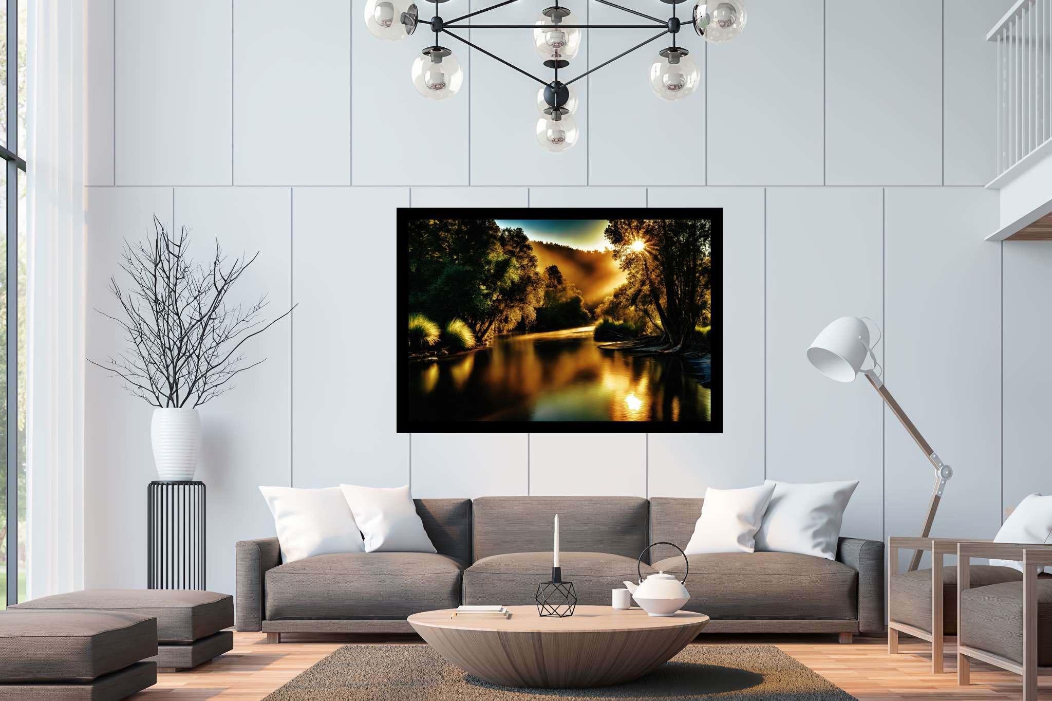 Golden hour reverie: Tranquil forest river art with soothing nature artworks, in a room with modern style, photographic wall art, and home furnishings. The art can be printed on poster, framed poster, canvas, metal, acrylic or wood, exclusively at WallArtZen. Find this exact print at https://wallartzen.com/waz81