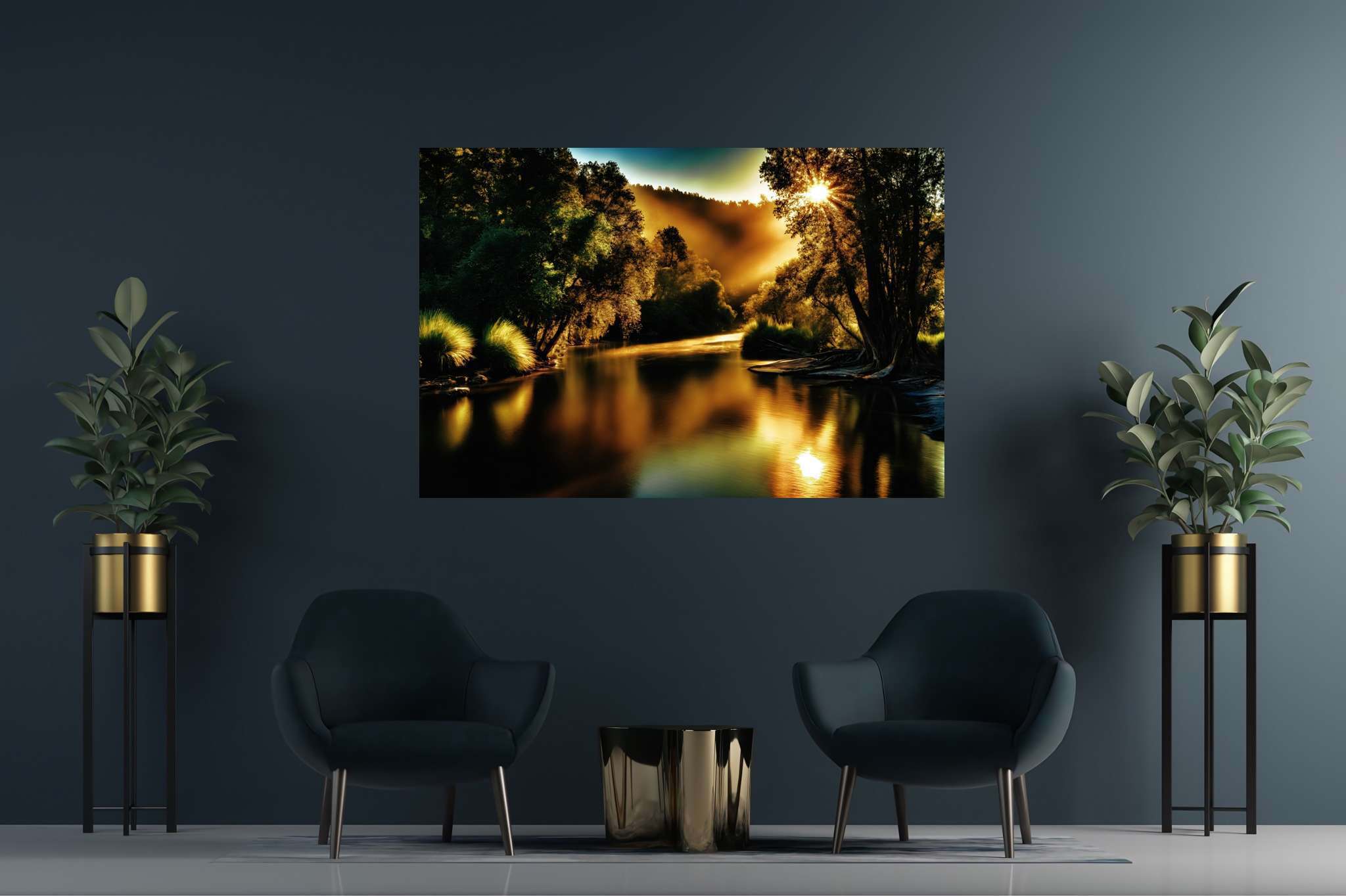 Golden hour reverie: Tranquil forest river art with tranquil forest watercolors, in a room with contemporary flair, canvas prints, and trendy home accents. The art can be printed on poster, framed poster, canvas, metal, acrylic or wood, exclusively at WallArtZen. Find this exact print at https://wallartzen.com/waz81