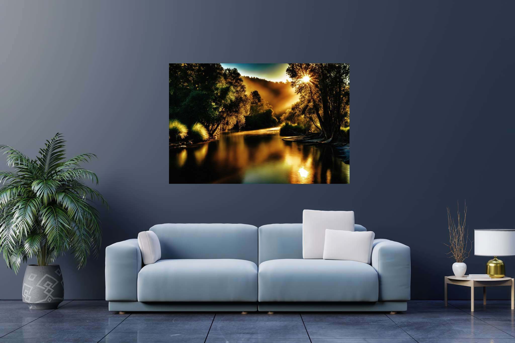Golden hour reverie: Tranquil forest river art with serene landscapes, in a room with artistic style, gallery-quality artwork, and luxe decor. The art can be printed on poster, framed poster, canvas, metal, acrylic or wood, exclusively at WallArtZen. Find this exact print at https://wallartzen.com/waz81