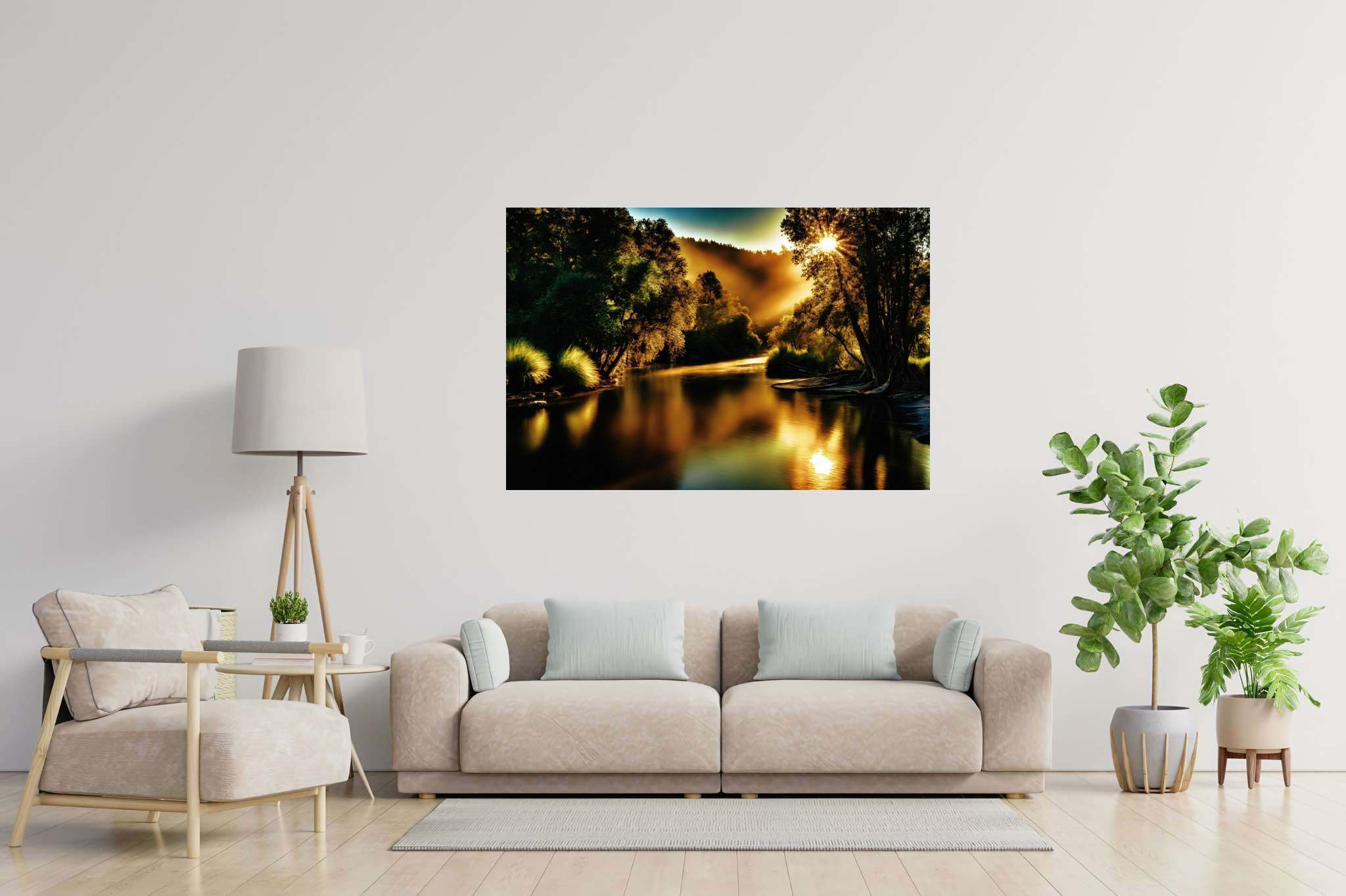 Golden hour reverie: Tranquil forest river art with nature-inspired paintings, in a room with modern style, wall art, and trendy home accents. The art can be printed on poster, framed poster, canvas, metal, acrylic or wood, exclusively at WallArtZen. Find this exact print at https://wallartzen.com/waz81