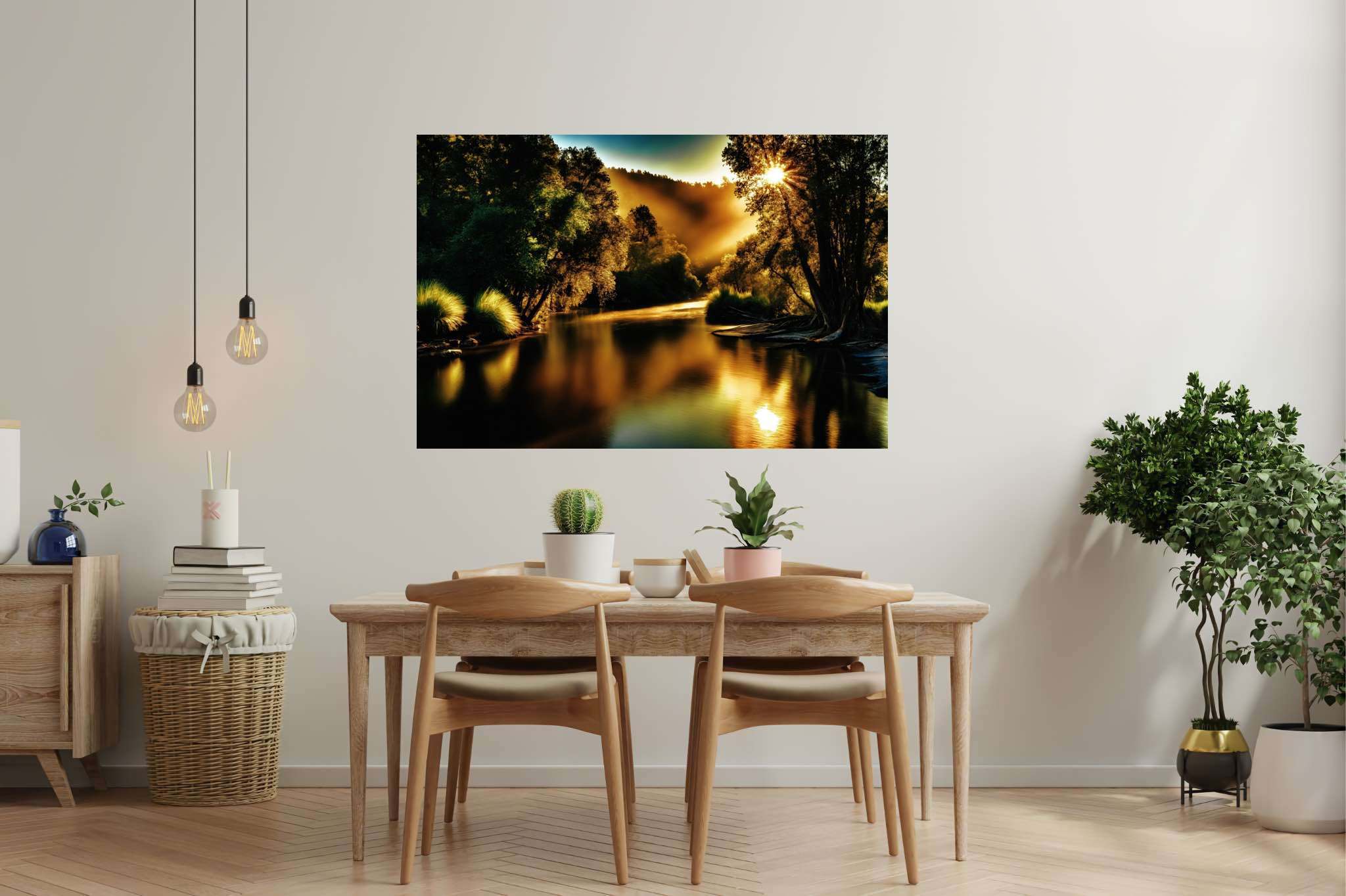 Golden hour reverie: Tranquil forest river art with serene forest illustrations, in a room with great design, wall art, and stylish accessories. The art can be printed on poster, framed poster, canvas, metal, acrylic or wood, exclusively at WallArtZen. Find this exact print at https://wallartzen.com/waz81