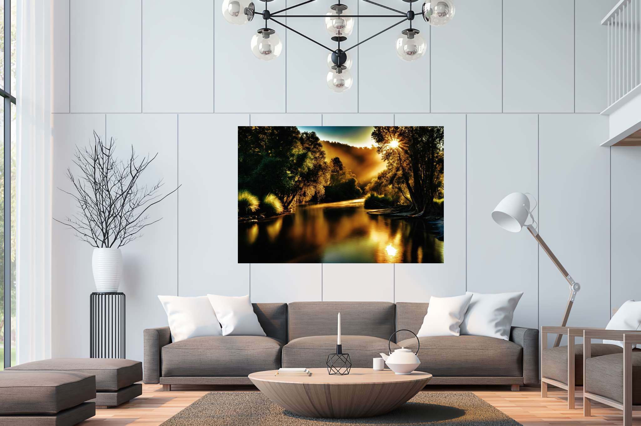 Golden hour reverie: Tranquil forest river art with tranquil forest river art, in a room with innovative layout, mural artworks, and trendy home accents. The art can be printed on poster, framed poster, canvas, metal, acrylic or wood, exclusively at WallArtZen. Find this exact print at https://wallartzen.com/waz81