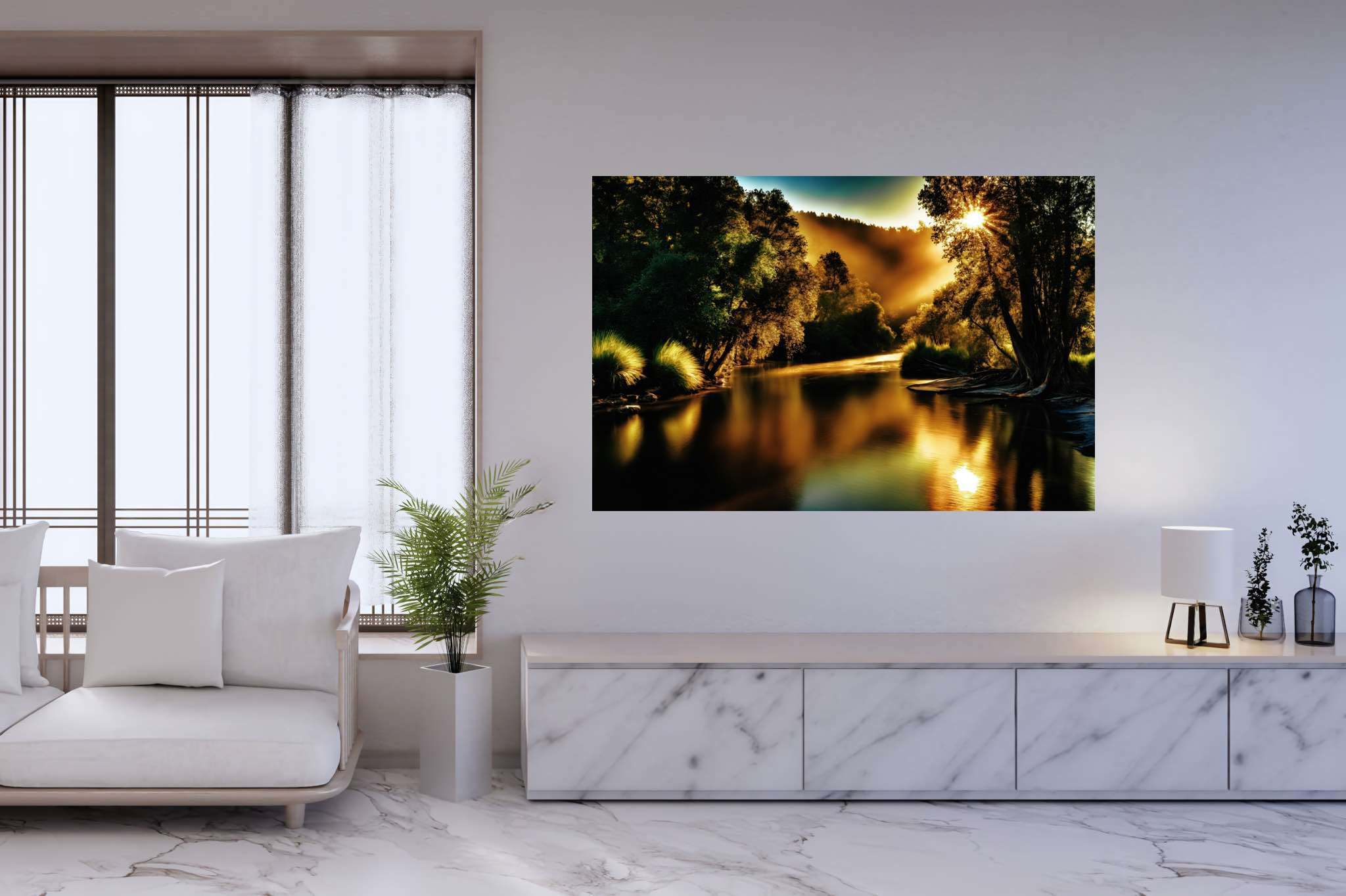 Golden hour reverie: Tranquil forest river art with tranquil nature paintings, in a room with urban design, framed art, and home furnishings. The art can be printed on poster, framed poster, canvas, metal, acrylic or wood, exclusively at WallArtZen. Find this exact print at https://wallartzen.com/waz81