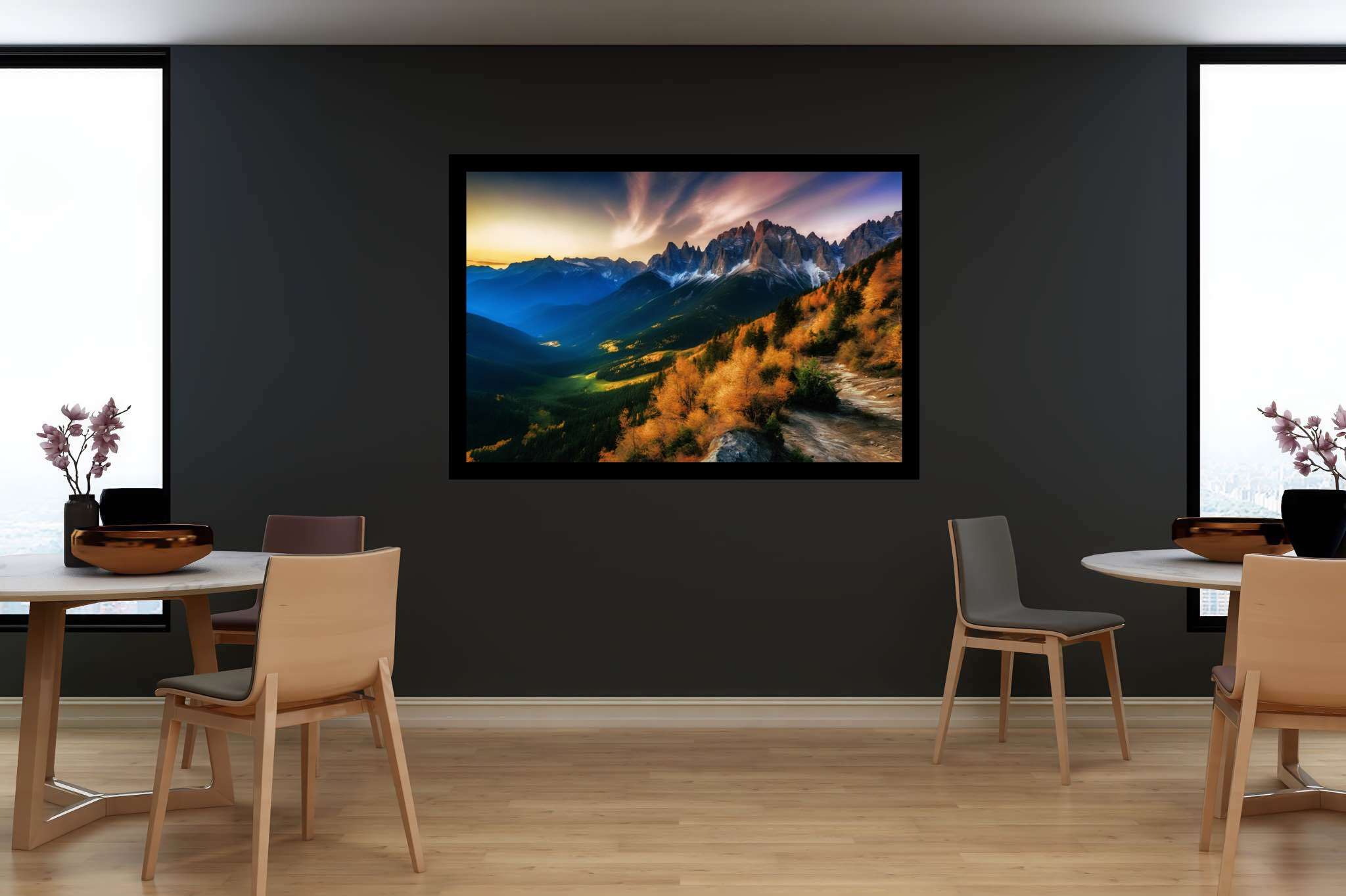 Sunset sonata in majestic peaks: Mountain sunset art with scenic sunset art, in a room with chic decor, abstract paintings, and artisan decor. The art can be printed on poster, framed poster, canvas, metal, acrylic or wood, exclusively at WallArtZen. Find this exact print at https://wallartzen.com/waz82