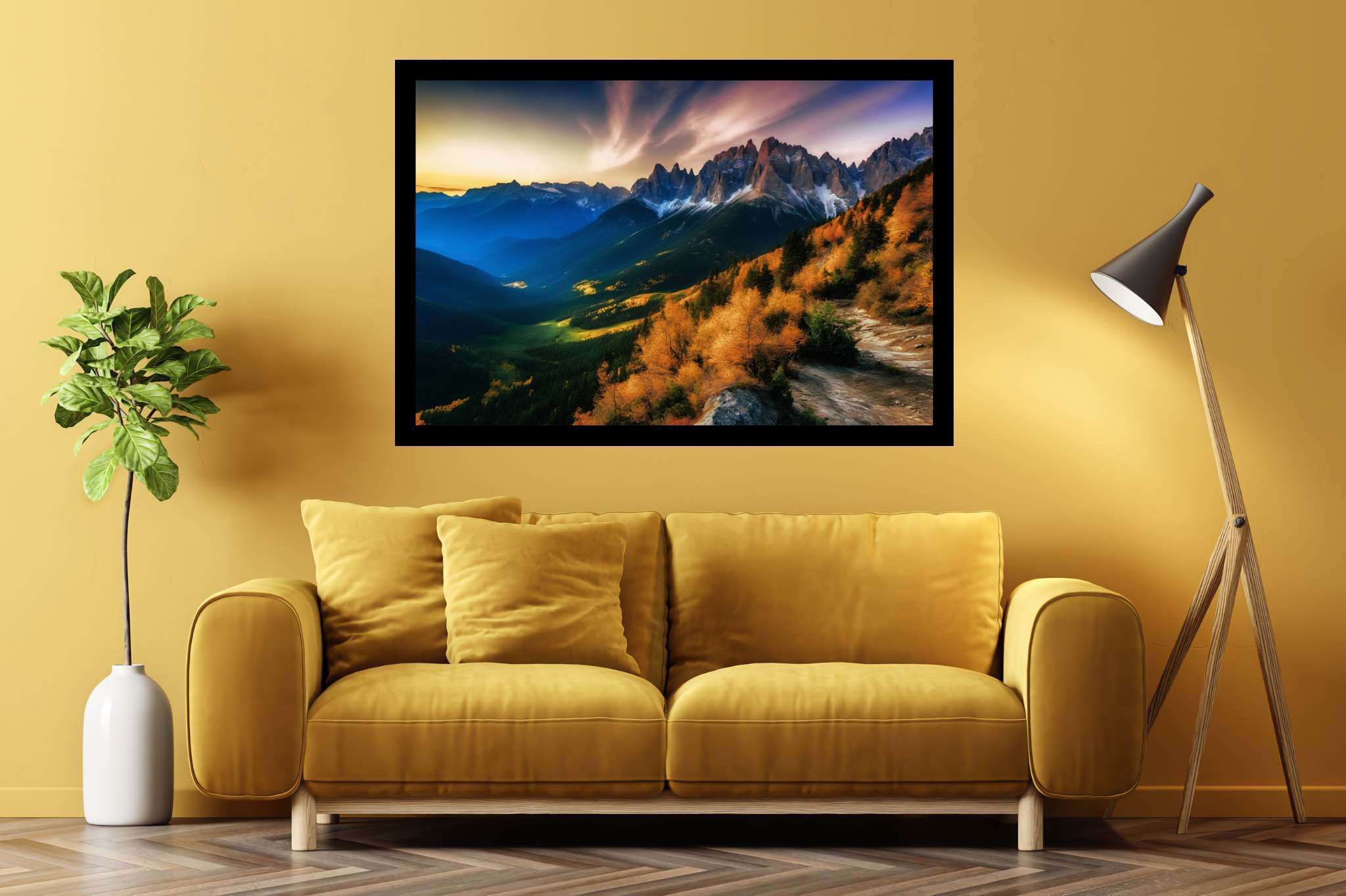 Sunset sonata in majestic peaks: Mountain sunset art with artistic mountain scenery, in a room with contemporary flair, fine art prints, and home furnishings. The art can be printed on poster, framed poster, canvas, metal, acrylic or wood, exclusively at WallArtZen. Find this exact print at https://wallartzen.com/waz82
