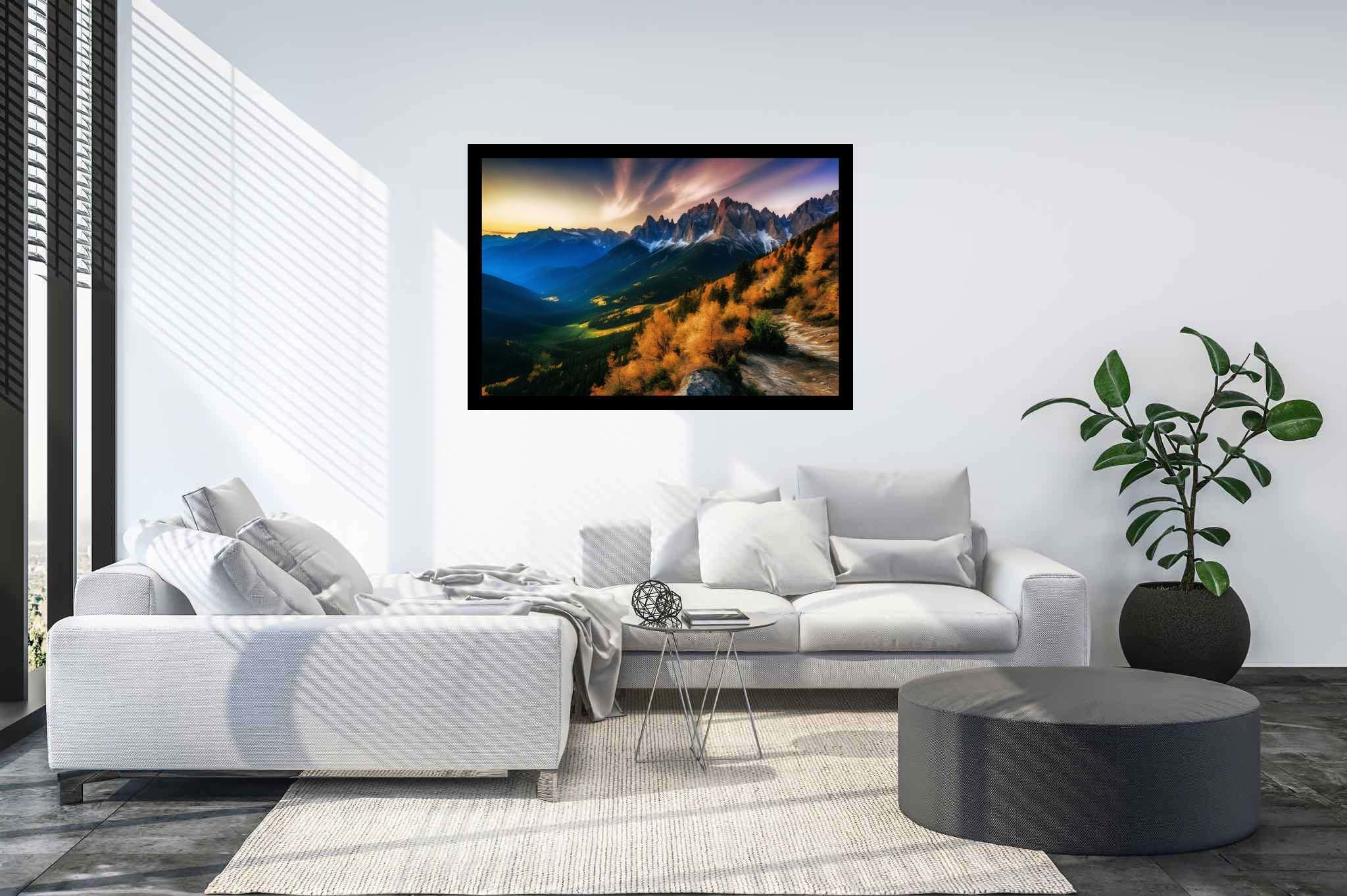 Sunset sonata in majestic peaks: Mountain sunset art with mountain sunset art, in a room with chic decor, wall hangings, and luxe decor. The art can be printed on poster, framed poster, canvas, metal, acrylic or wood, exclusively at WallArtZen. Find this exact print at https://wallartzen.com/waz82