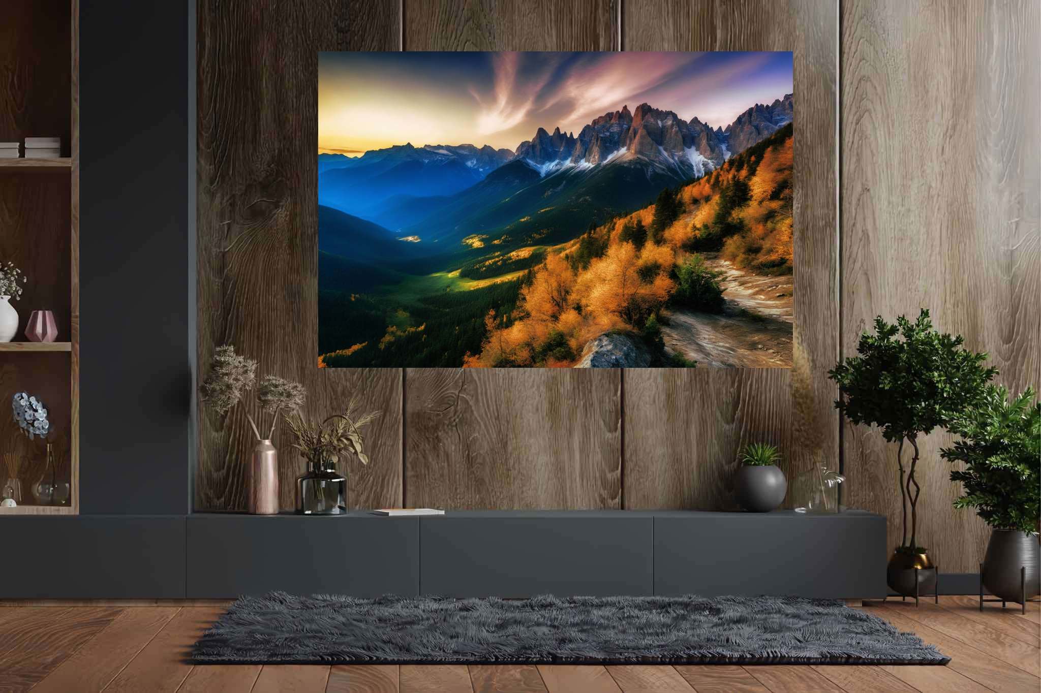 Sunset sonata in majestic peaks: Mountain sunset art with nature-inspired mountain artwork, in a room with innovative layout, abstract paintings, and trendy home accents. The art can be printed on poster, framed poster, canvas, metal, acrylic or wood, exclusively at WallArtZen. Find this exact print at https://wallartzen.com/waz82