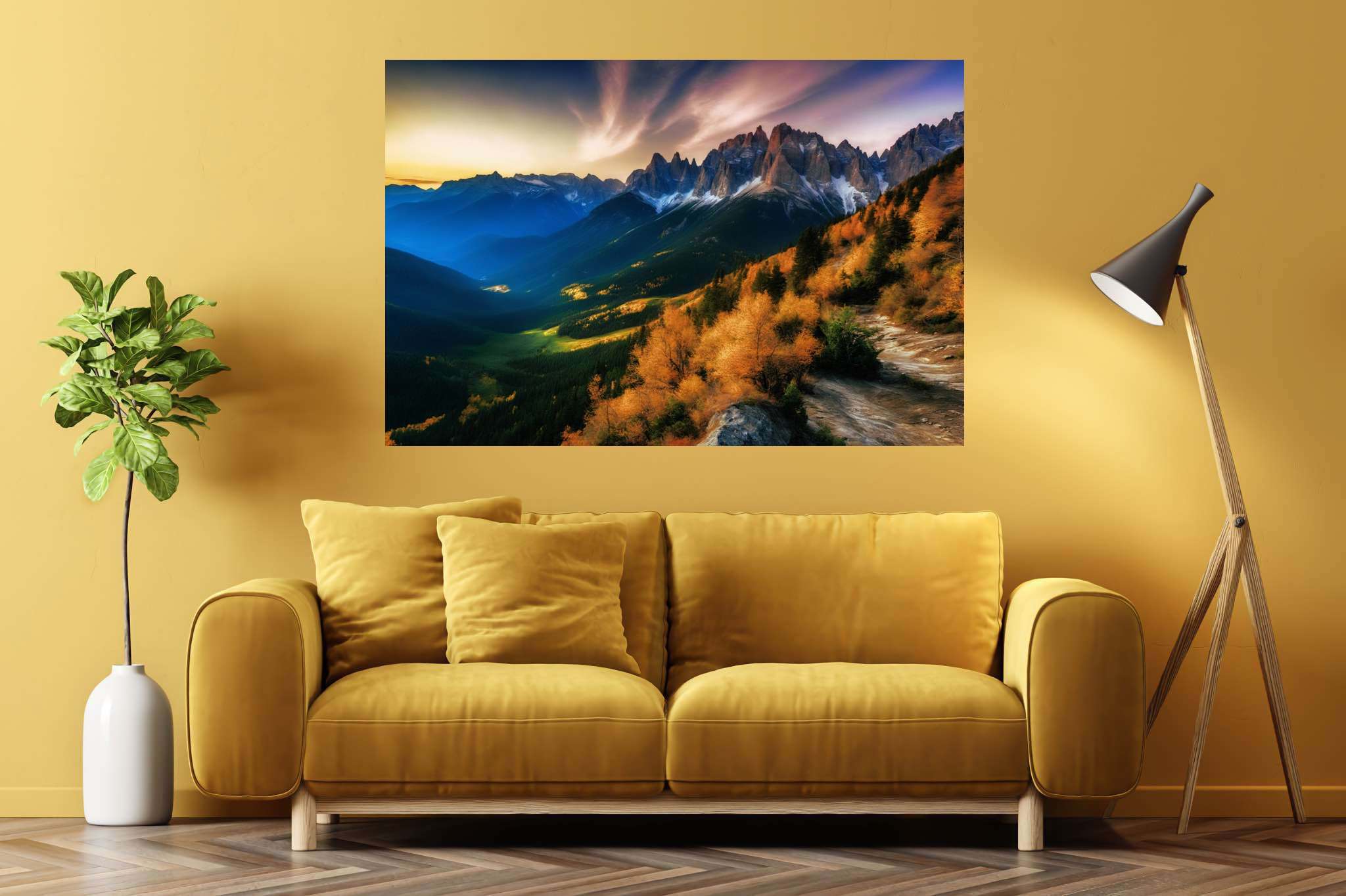 Sunset sonata in majestic peaks: Mountain sunset art with mountain artwork, in a room with chic decor, framed art, and stylish accessories. The art can be printed on poster, framed poster, canvas, metal, acrylic or wood, exclusively at WallArtZen. Find this exact print at https://wallartzen.com/waz82