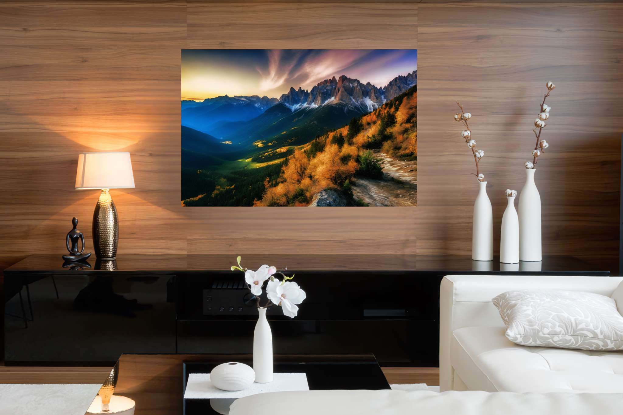 Sunset sonata in majestic peaks: Mountain sunset art with serene sunset painting, in a room with minimalist approach, fine art prints, and interior decorations. The art can be printed on poster, framed poster, canvas, metal, acrylic or wood, exclusively at WallArtZen. Find this exact print at https://wallartzen.com/waz82