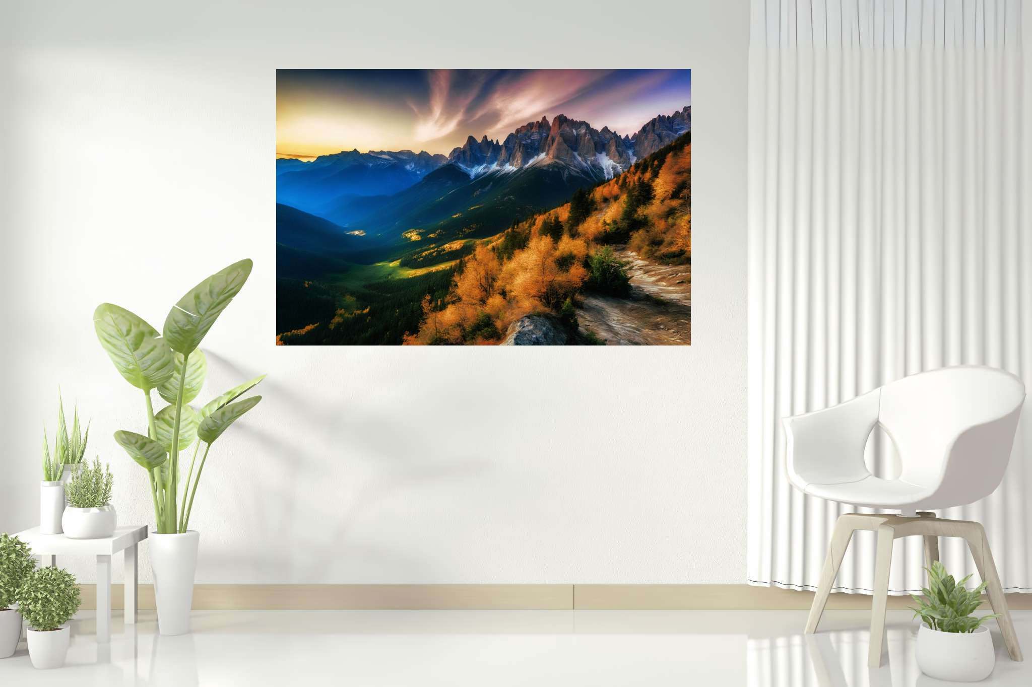 Sunset sonata in majestic peaks: Mountain sunset art with breathtaking landscape painting, in a room with artistic style, framed art, and trendy home accents. The art can be printed on poster, framed poster, canvas, metal, acrylic or wood, exclusively at WallArtZen. Find this exact print at https://wallartzen.com/waz82