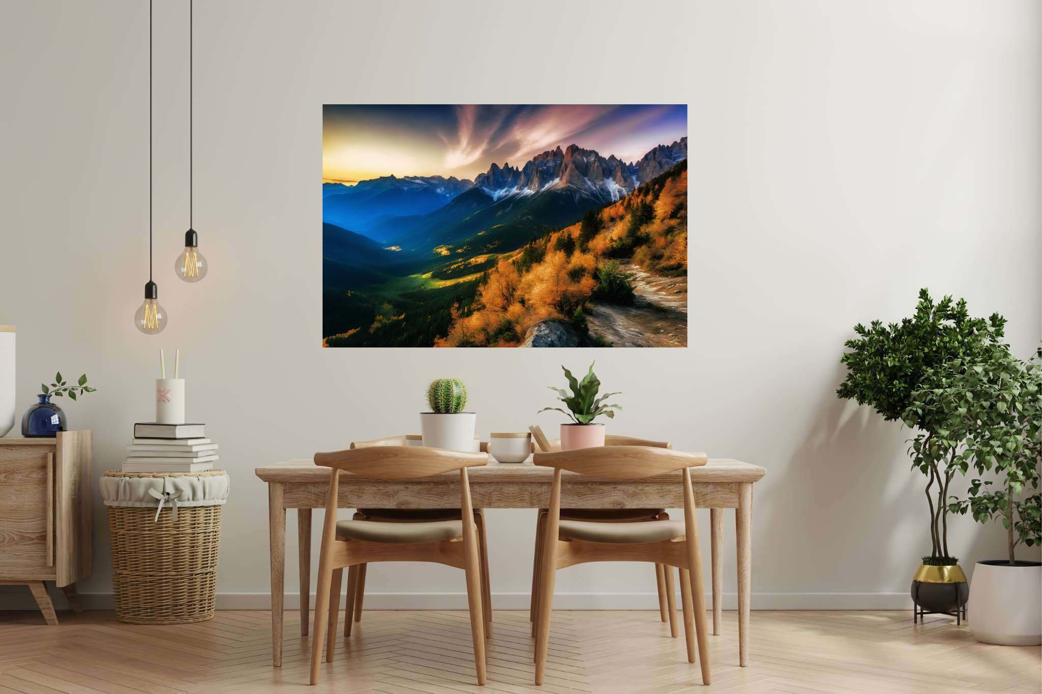 Sunset sonata in majestic peaks: Mountain sunset art with mountain artwork, in a room with urban design, gallery-quality artwork, and luxe decor. The art can be printed on poster, framed poster, canvas, metal, acrylic or wood, exclusively at WallArtZen. Find this exact print at https://wallartzen.com/waz82