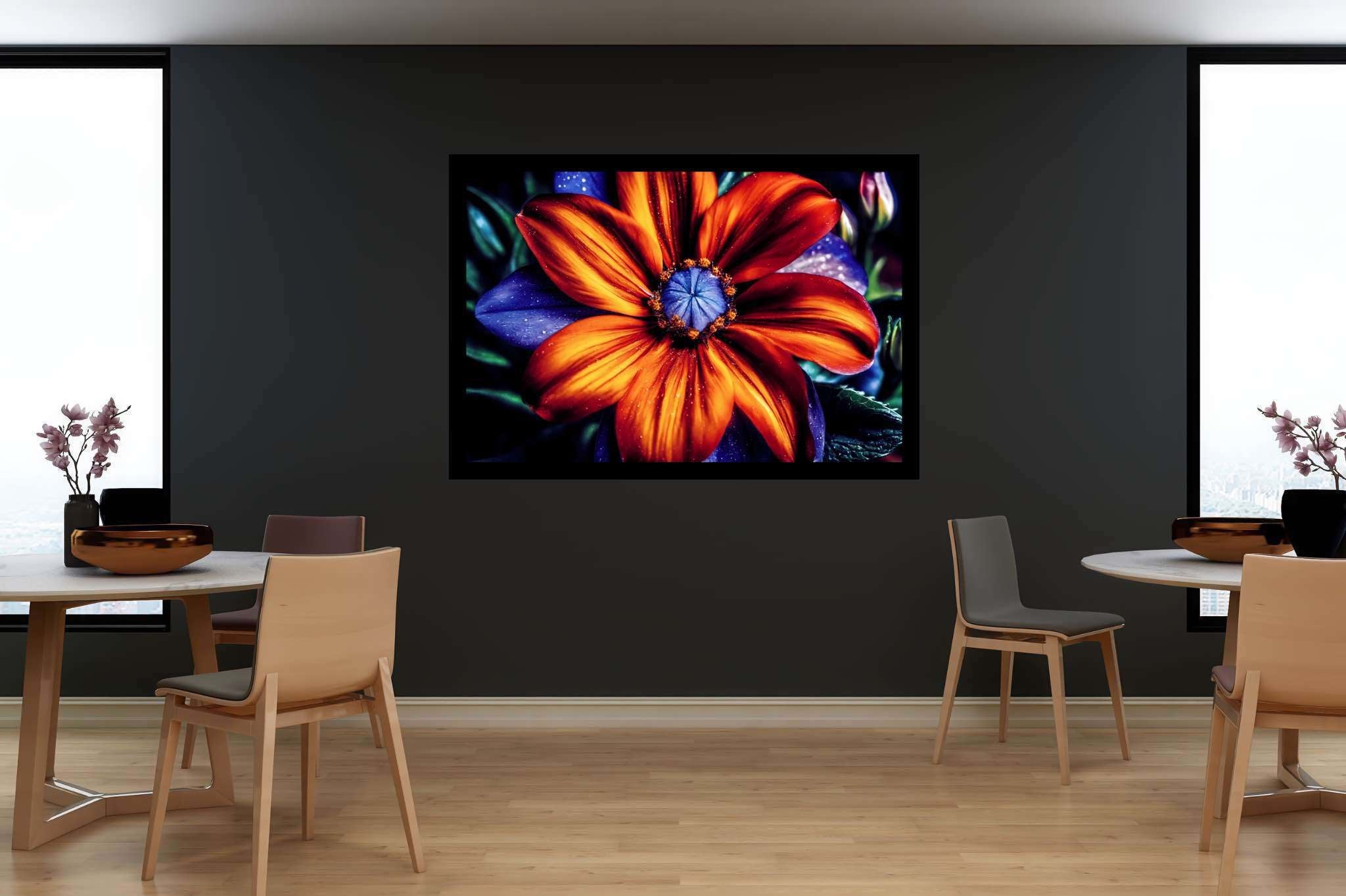 Bloom's chromatic symphony: Vibrant flower art with lively flower illustrations, in a room with contemporary flair, wall hangings, and decorative pieces. The art can be printed on poster, framed poster, canvas, metal, acrylic or wood, exclusively at WallArtZen. Find this exact print at https://wallartzen.com/waz83