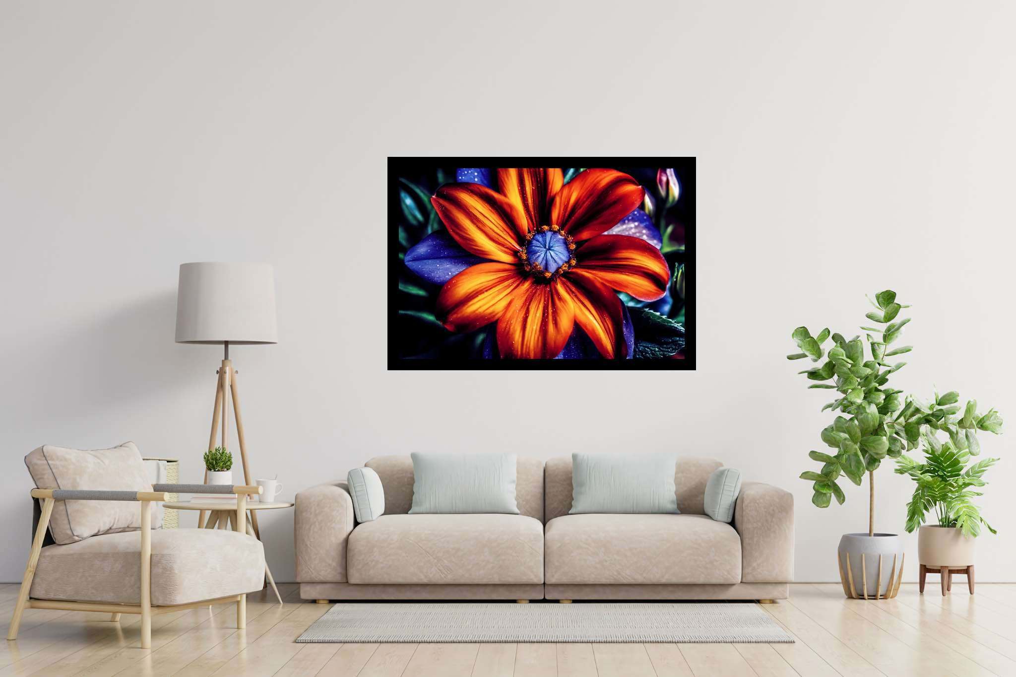 Bloom's chromatic symphony: Vibrant flower art with vivid flower designs, in a room with artistic style, bespoke art designs, and home styling items. The art can be printed on poster, framed poster, canvas, metal, acrylic or wood, exclusively at WallArtZen. Find this exact print at https://wallartzen.com/waz83