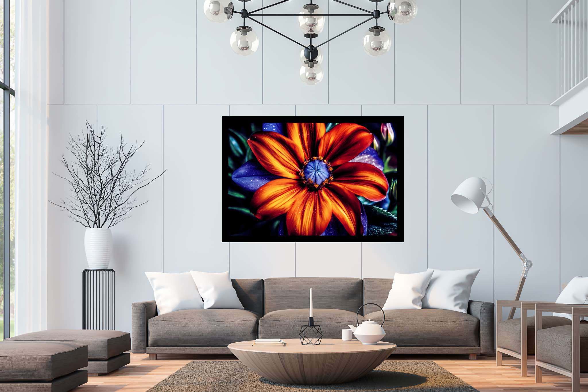 Bloom's chromatic symphony: Vibrant flower art with bright flower drawings, in a room with chic decor, fine art prints, and luxe decor. The art can be printed on poster, framed poster, canvas, metal, acrylic or wood, exclusively at WallArtZen. Find this exact print at https://wallartzen.com/waz83
