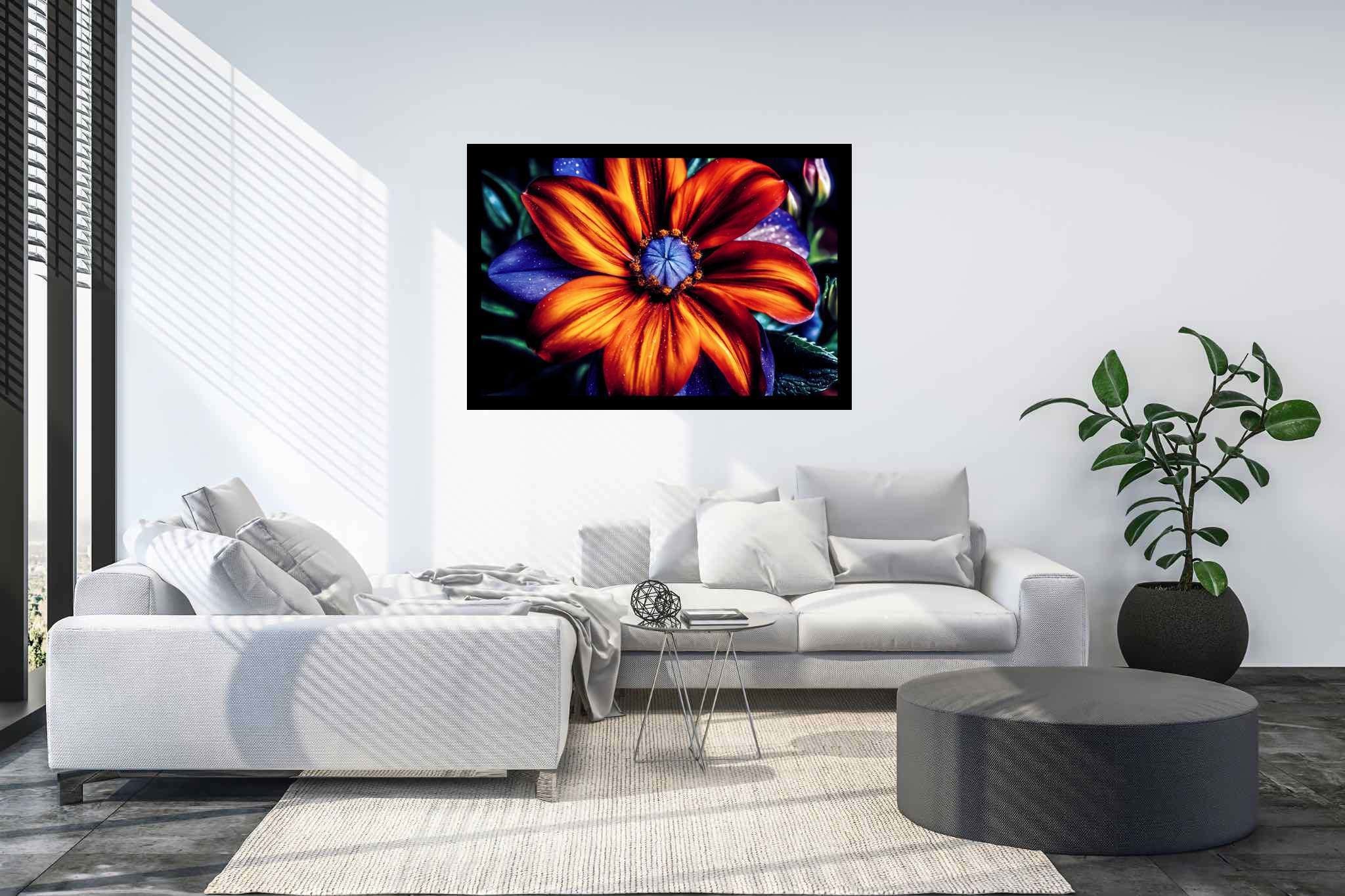Bloom's chromatic symphony: Vibrant flower art with vivid flower designs, in a room with elegant layout, framed art, and luxe decor. The art can be printed on poster, framed poster, canvas, metal, acrylic or wood, exclusively at WallArtZen. Find this exact print at https://wallartzen.com/waz83