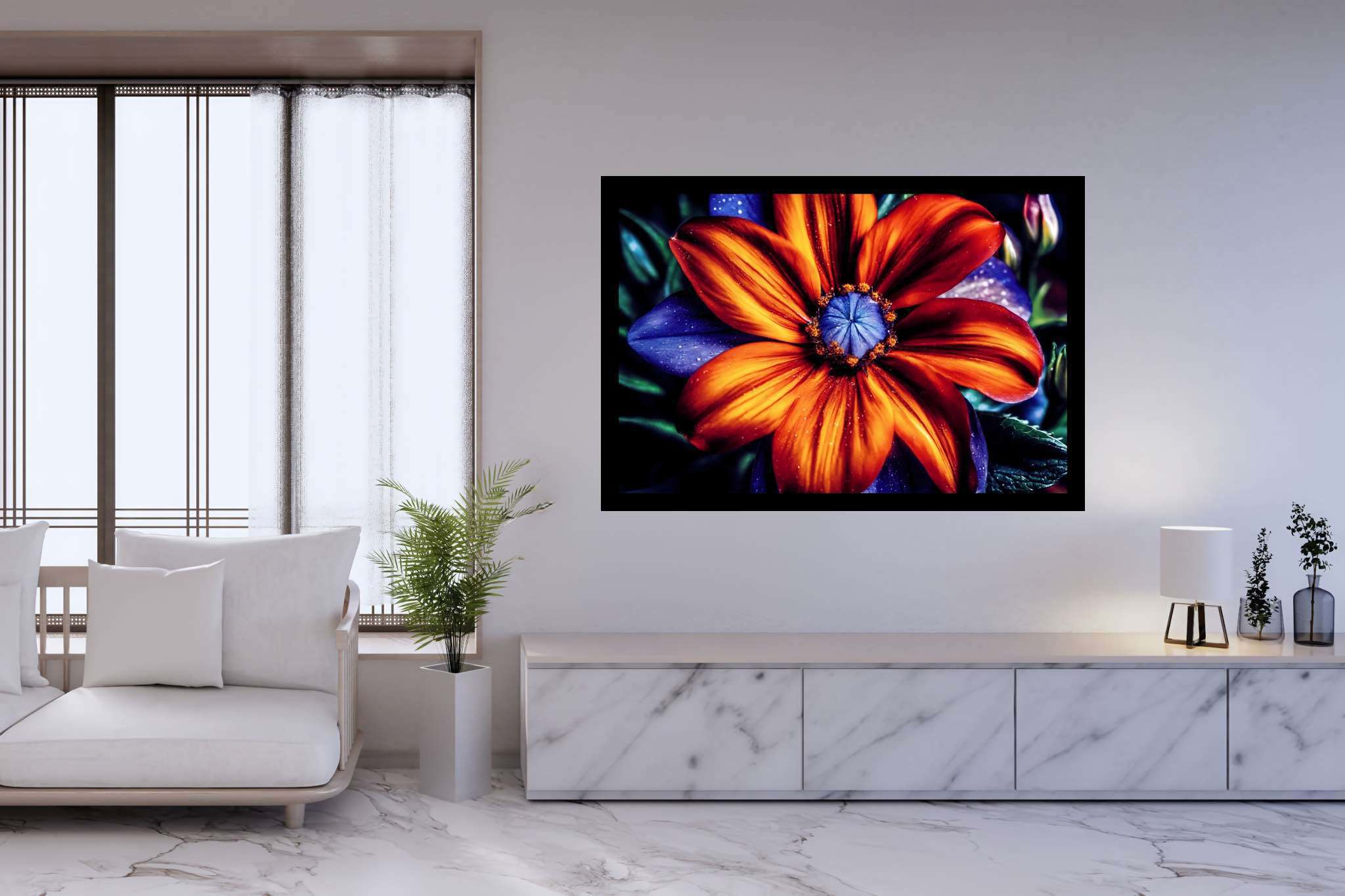 Bloom's chromatic symphony: Vibrant flower art with dynamic flower creations, in a room with contemporary flair, digital art pieces, and trendy home accents. The art can be printed on poster, framed poster, canvas, metal, acrylic or wood, exclusively at WallArtZen. Find this exact print at https://wallartzen.com/waz83