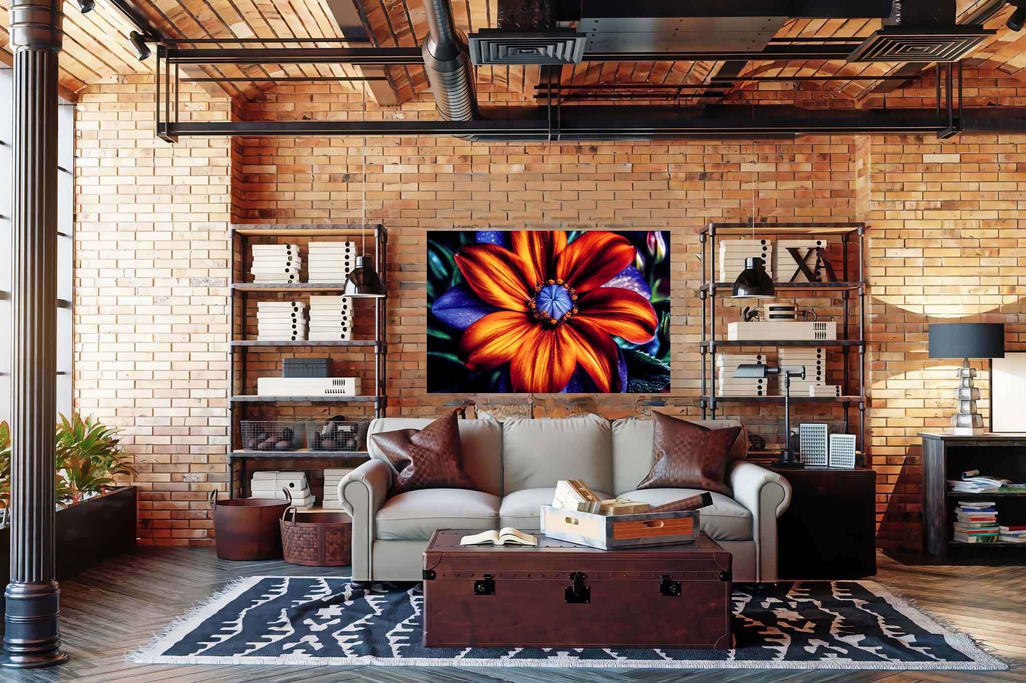 Bloom's chromatic symphony: Vibrant flower art with vibrant flower sculptures, in a room with classic elegance, photographic wall art, and stylish accessories. The art can be printed on poster, framed poster, canvas, metal, acrylic or wood, exclusively at WallArtZen. Find this exact print at https://wallartzen.com/waz83