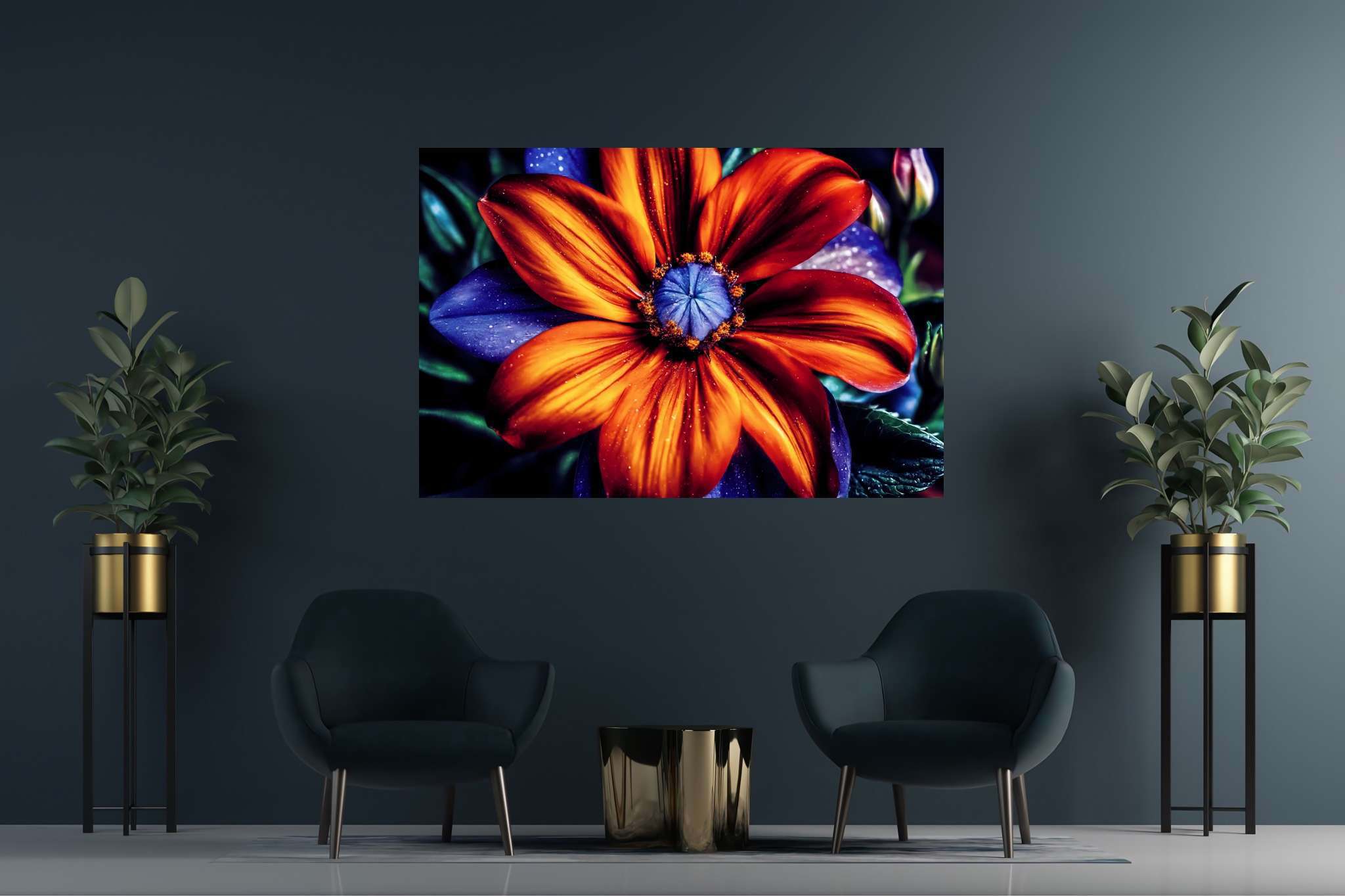Bloom's chromatic symphony: Vibrant flower art with energetic floral compositions, in a room with urban design, digital art pieces, and stylish accessories. The art can be printed on poster, framed poster, canvas, metal, acrylic or wood, exclusively at WallArtZen. Find this exact print at https://wallartzen.com/waz83