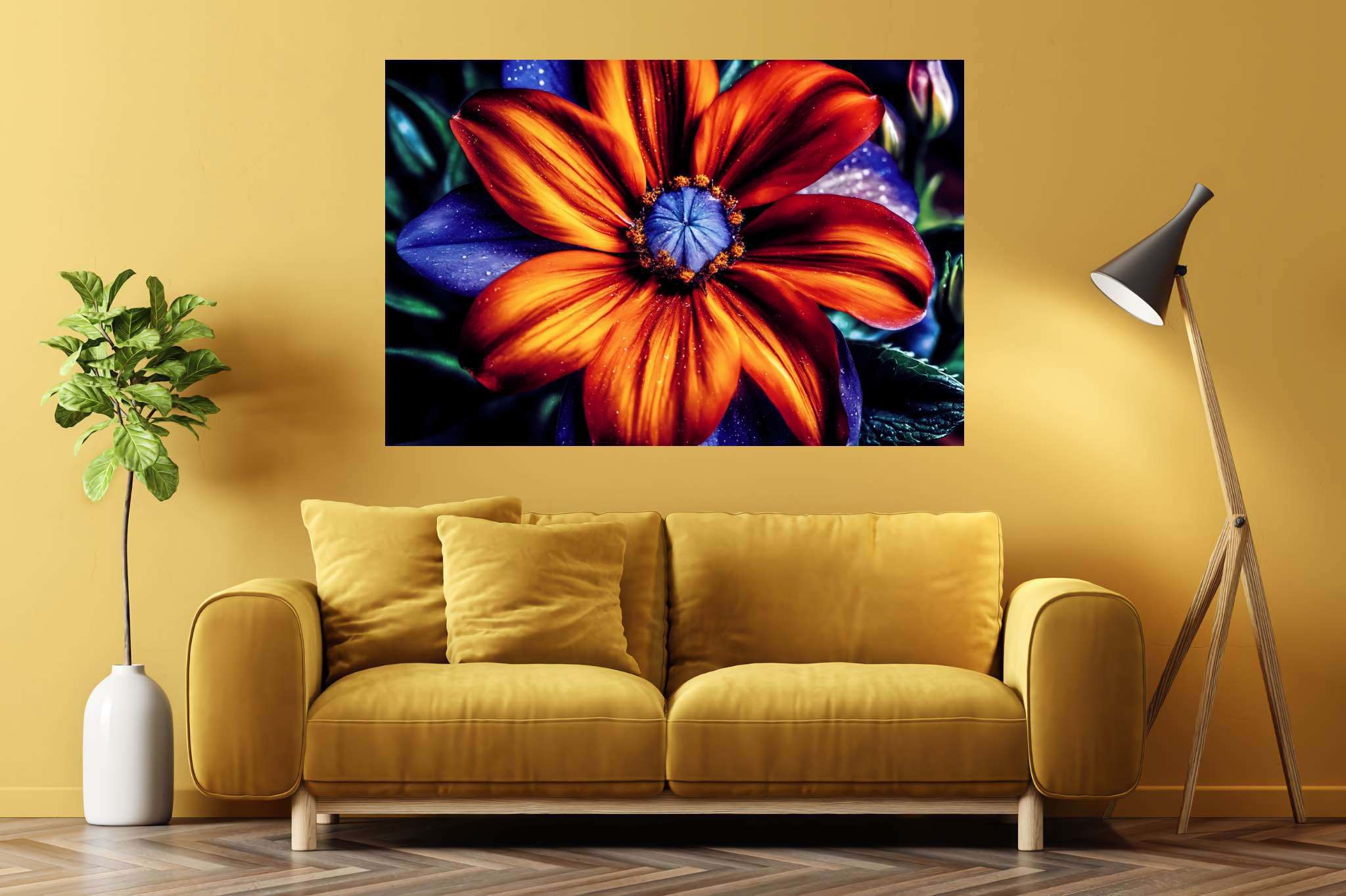 Bloom's chromatic symphony: Vibrant flower art with vibrant flower art, in a room with artistic style, framed art, and decorative pieces. The art can be printed on poster, framed poster, canvas, metal, acrylic or wood, exclusively at WallArtZen. Find this exact print at https://wallartzen.com/waz83