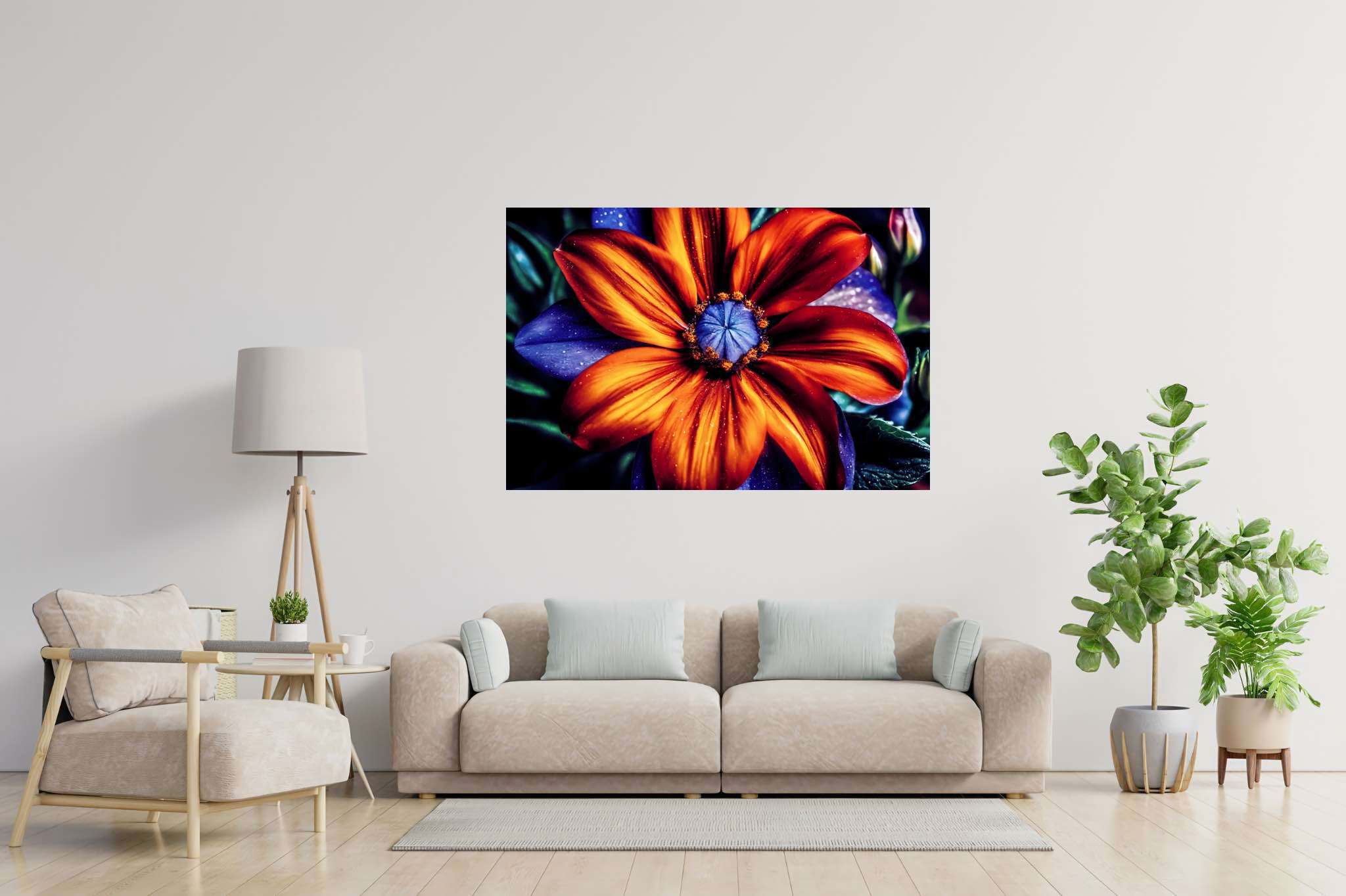 Bloom's chromatic symphony: Vibrant flower art with lively flower arrangements, in a room with great design, gallery-quality artwork, and luxe decor. The art can be printed on poster, framed poster, canvas, metal, acrylic or wood, exclusively at WallArtZen. Find this exact print at https://wallartzen.com/waz83