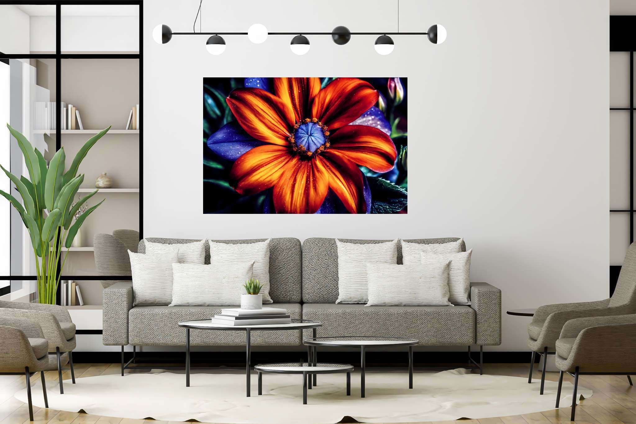 Bloom's chromatic symphony: Vibrant flower art with bold flower canvases, in a room with minimalist approach, mural artworks, and trendy home accents. The art can be printed on poster, framed poster, canvas, metal, acrylic or wood, exclusively at WallArtZen. Find this exact print at https://wallartzen.com/waz83