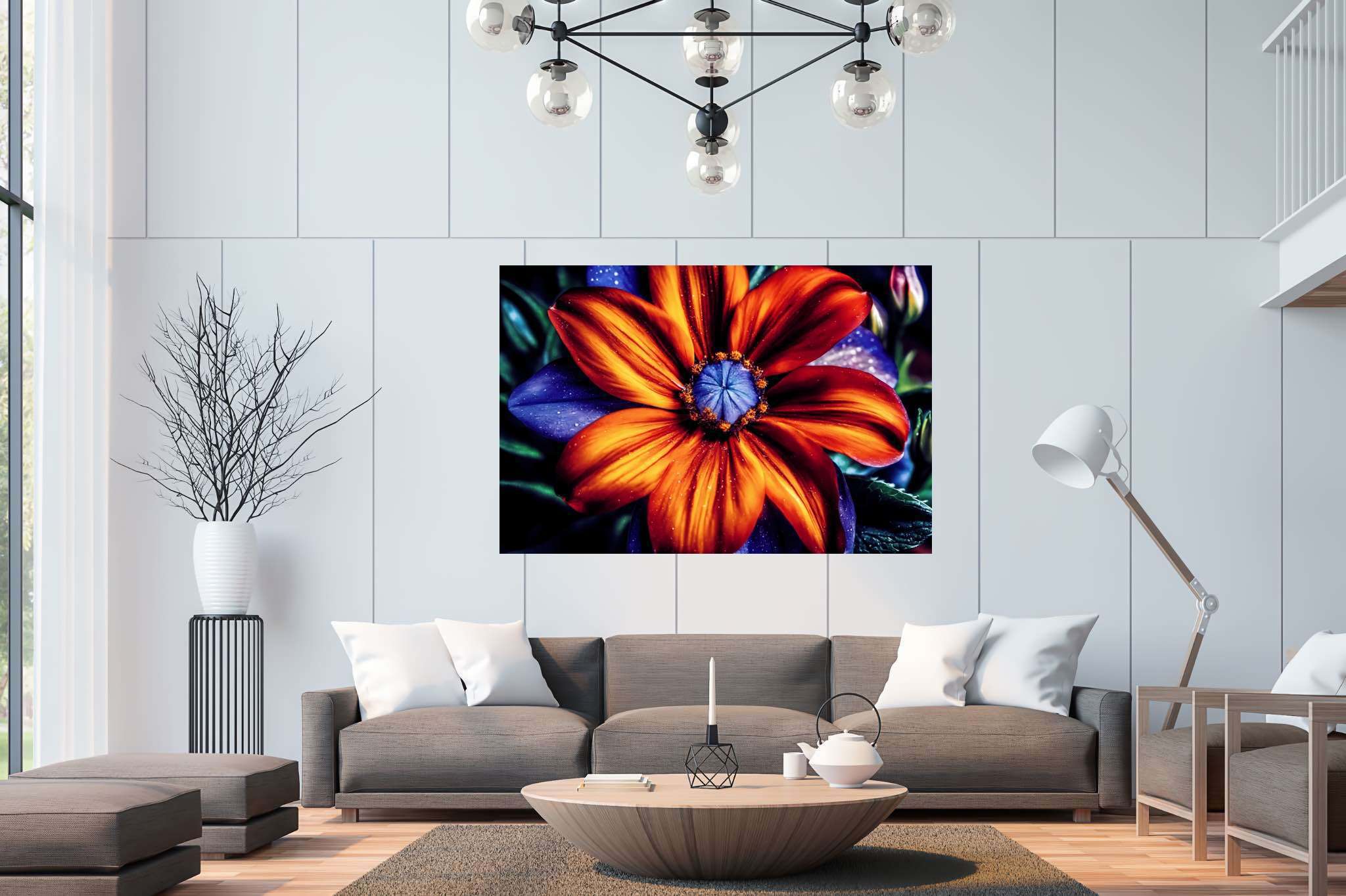 Bloom's chromatic symphony: Vibrant flower art with vibrant blossom art, in a room with modern style, mural artworks, and stylish accessories. The art can be printed on poster, framed poster, canvas, metal, acrylic or wood, exclusively at WallArtZen. Find this exact print at https://wallartzen.com/waz83