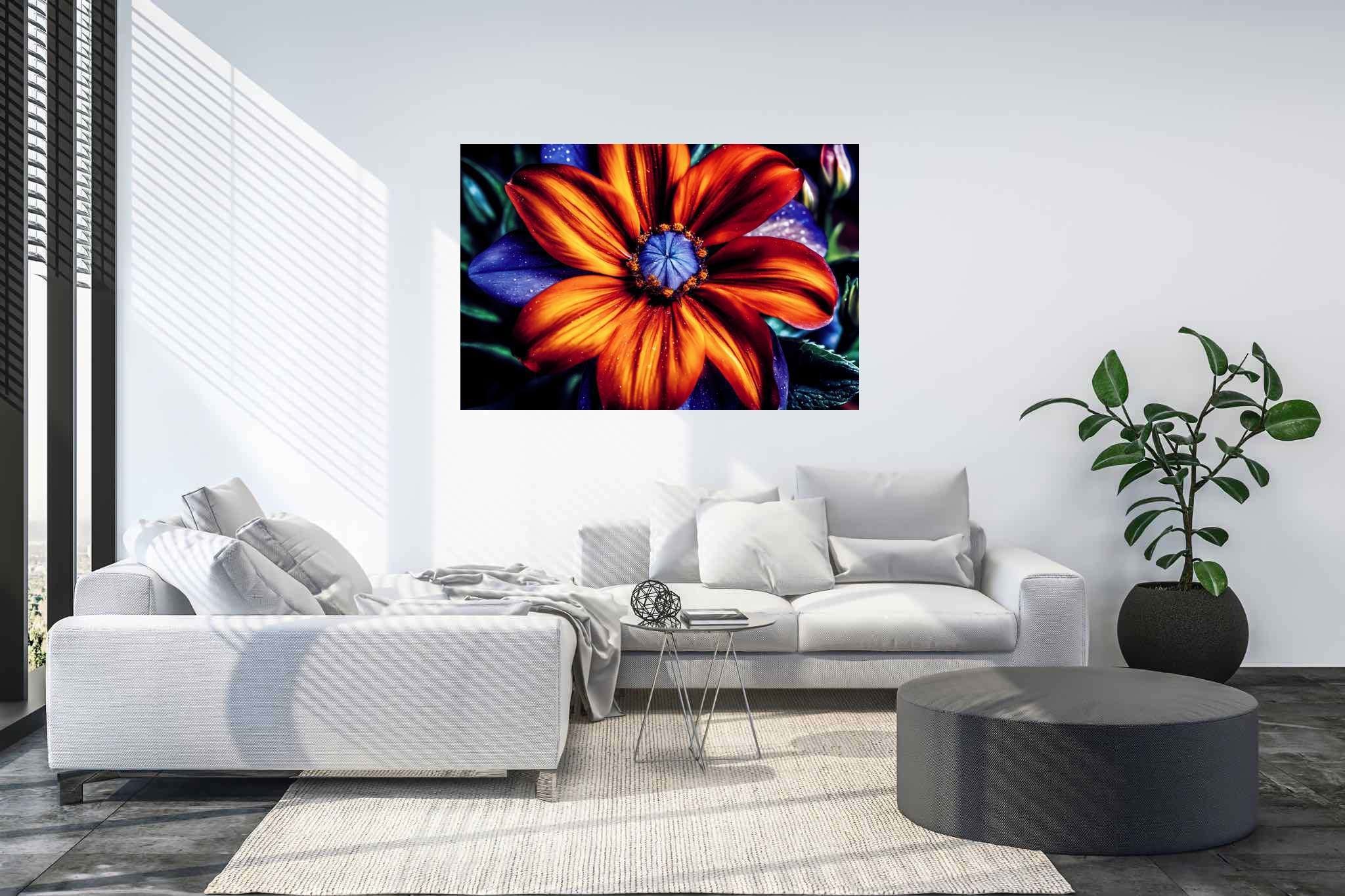 Bloom's chromatic symphony: Vibrant flower art with dynamic flower creations, in a room with great design, framed art, and elegant home goods. The art can be printed on poster, framed poster, canvas, metal, acrylic or wood, exclusively at WallArtZen. Find this exact print at https://wallartzen.com/waz83