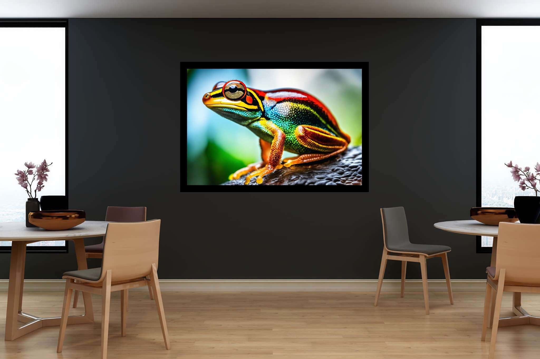 Chroma leap: Vibrant frog art with energetic frog drawings, in a room with great design, fine art prints, and artisan decor. The art can be printed on poster, framed poster, canvas, metal, acrylic or wood, exclusively at WallArtZen. Find this exact print at https://wallartzen.com/waz84