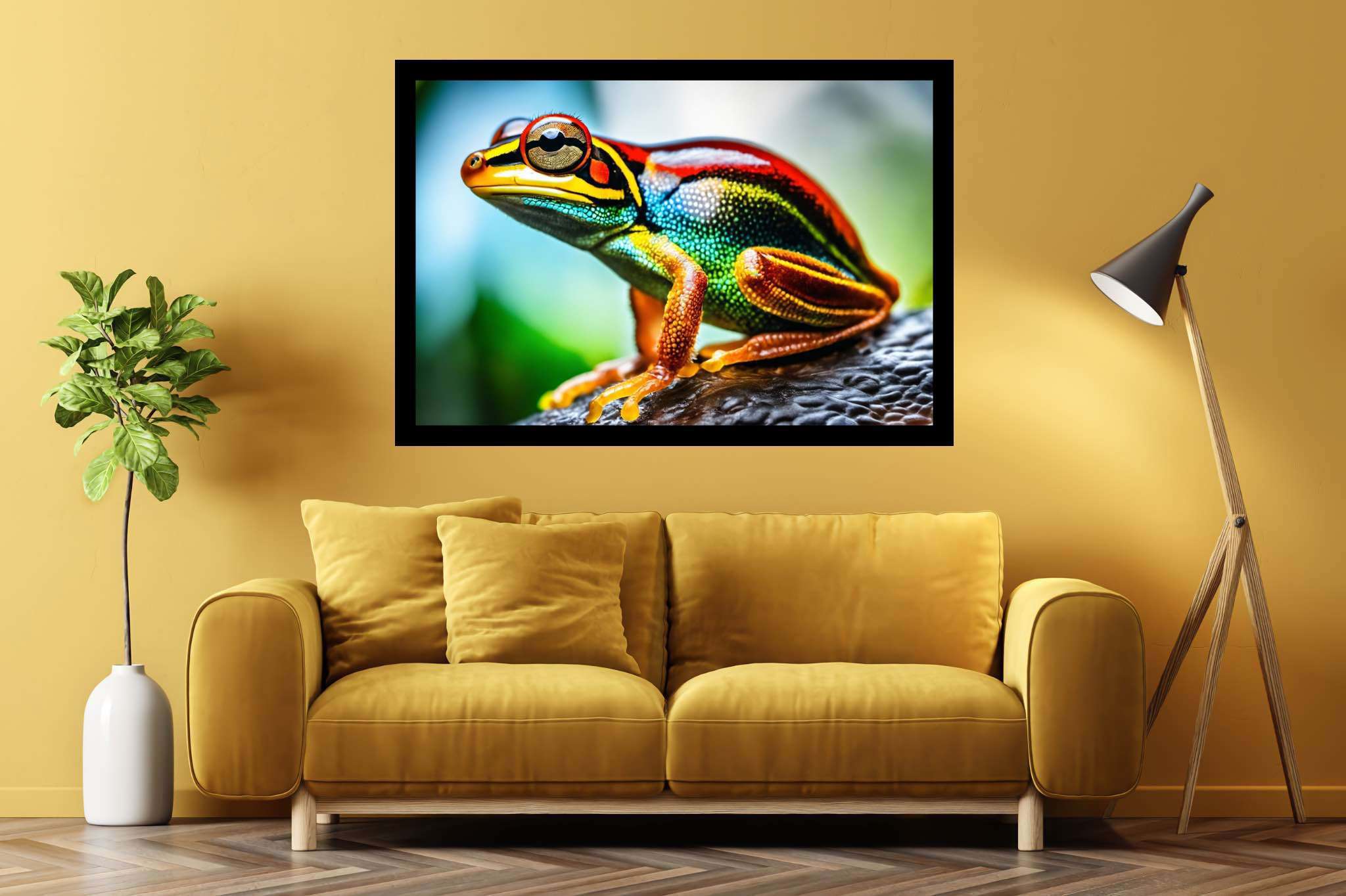 Chroma leap: Vibrant frog art with vibrant frog art, in a room with contemporary flair, gallery-quality artwork, and interior decorations. The art can be printed on poster, framed poster, canvas, metal, acrylic or wood, exclusively at WallArtZen. Find this exact print at https://wallartzen.com/waz84