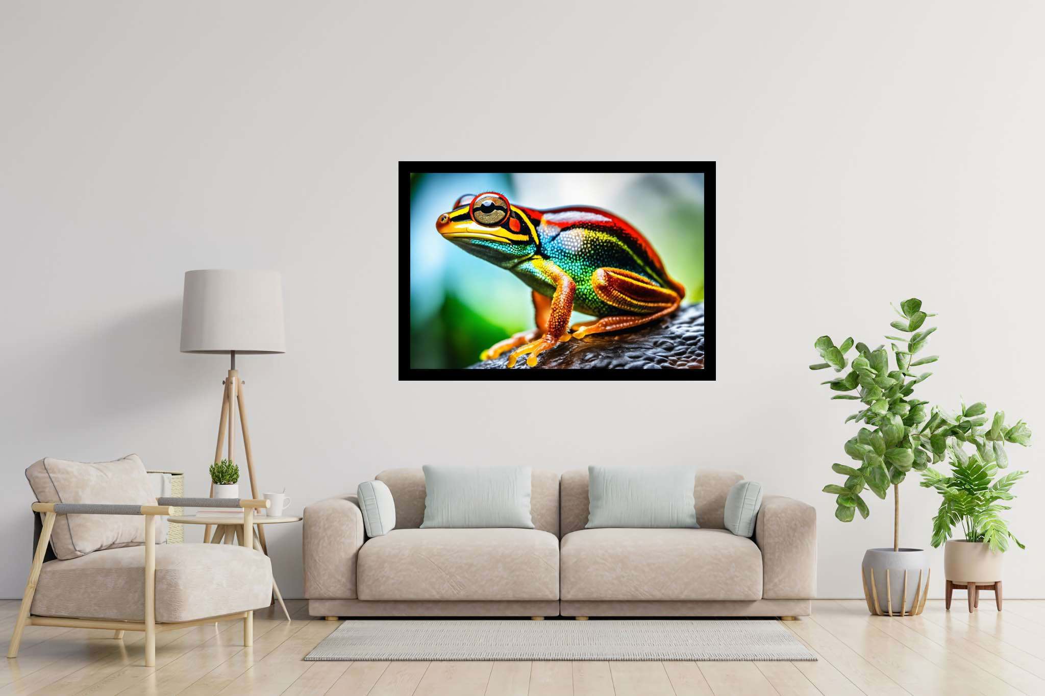 Chroma leap: Vibrant frog art with energetic frog drawings, in a room with innovative layout, gallery-quality artwork, and luxe decor. The art can be printed on poster, framed poster, canvas, metal, acrylic or wood, exclusively at WallArtZen. Find this exact print at https://wallartzen.com/waz84
