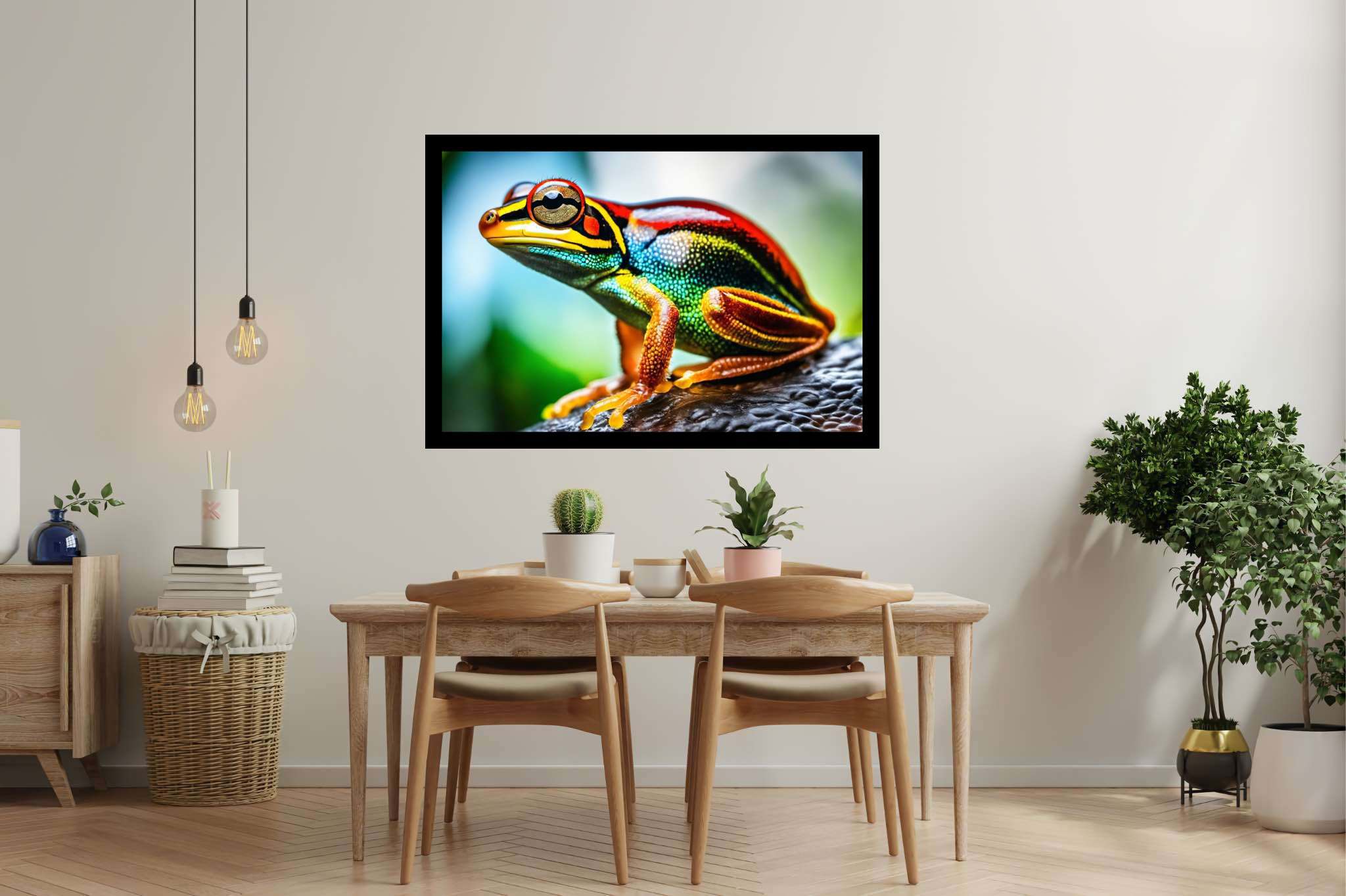 Chroma leap: Vibrant frog art with lively nature-inspired art, in a room with minimalist approach, wall hangings, and home styling items. The art can be printed on poster, framed poster, canvas, metal, acrylic or wood, exclusively at WallArtZen. Find this exact print at https://wallartzen.com/waz84