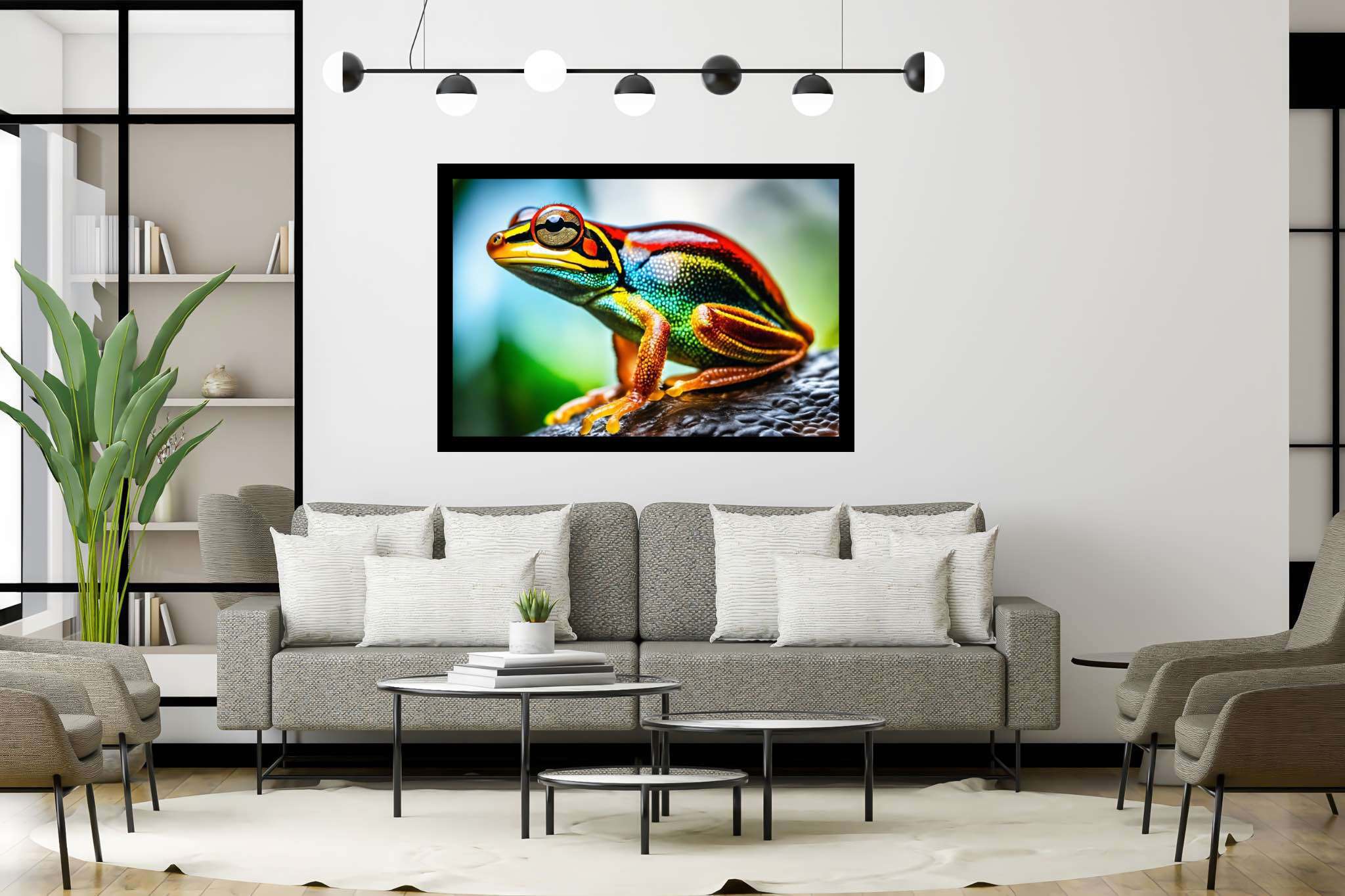 Chroma leap: Vibrant frog art with dynamic frog art pieces, in a room with great design, digital art pieces, and stylish accessories. The art can be printed on poster, framed poster, canvas, metal, acrylic or wood, exclusively at WallArtZen. Find this exact print at https://wallartzen.com/waz84
