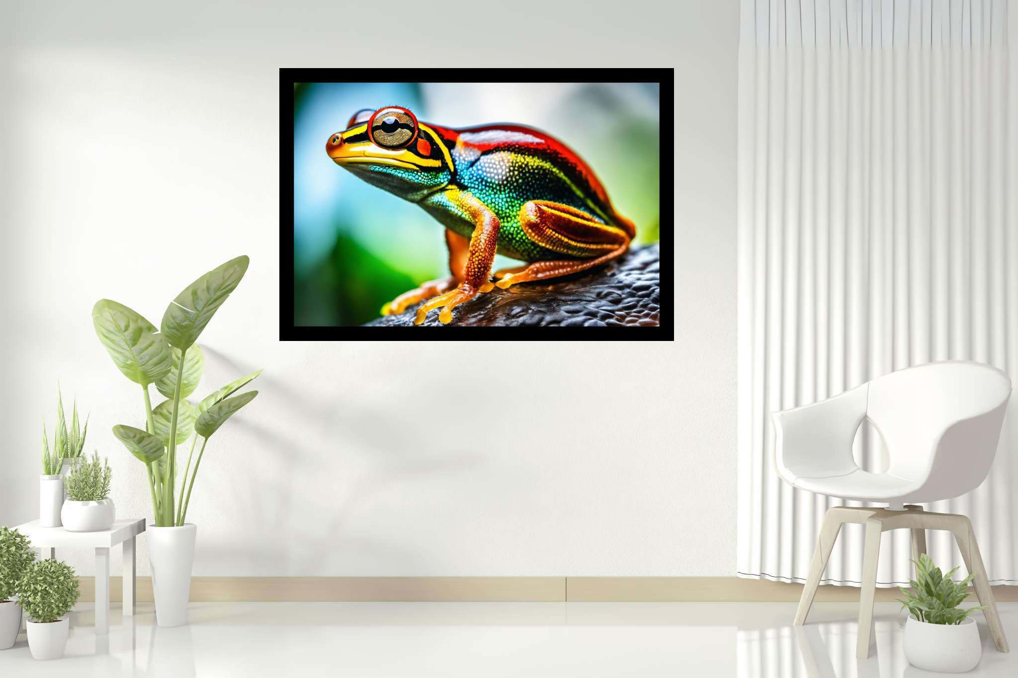 Chroma leap: Vibrant frog art with energetic frog drawings, in a room with great design, gallery-quality artwork, and interior decorations. The art can be printed on poster, framed poster, canvas, metal, acrylic or wood, exclusively at WallArtZen. Find this exact print at https://wallartzen.com/waz84