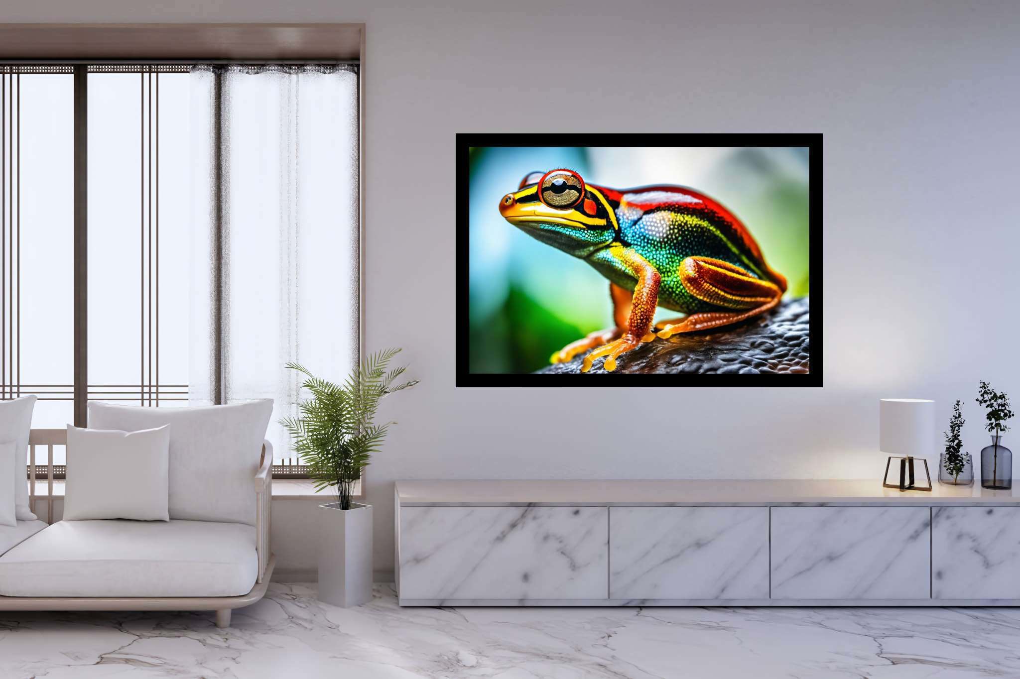 Chroma leap: Vibrant frog art with dynamic frog sculptures, in a room with modern style, framed art, and trendy home accents. The art can be printed on poster, framed poster, canvas, metal, acrylic or wood, exclusively at WallArtZen. Find this exact print at https://wallartzen.com/waz84