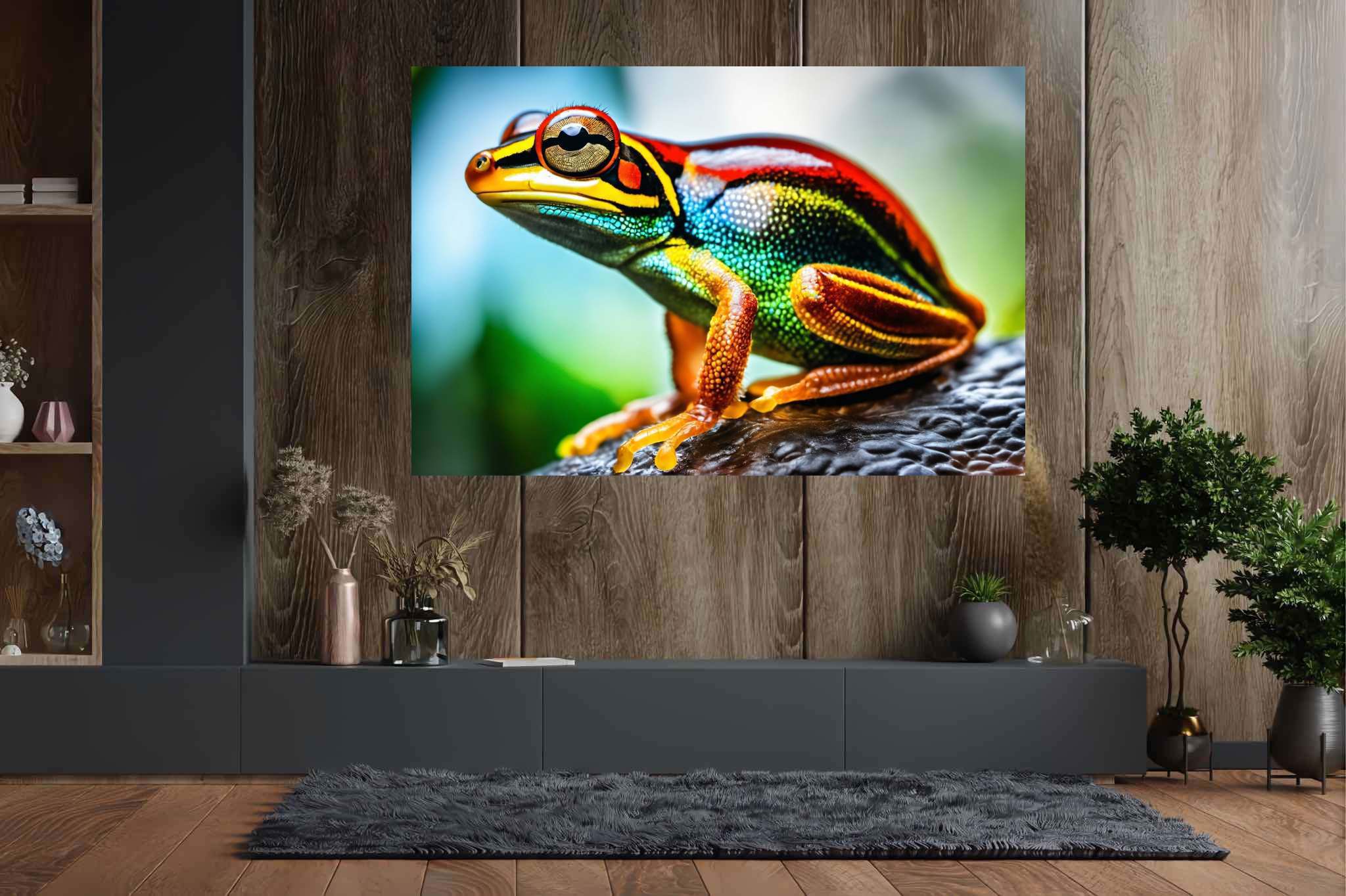 Chroma leap: Vibrant frog art with lively frog decor, in a room with modern style, wall hangings, and luxe decor. The art can be printed on poster, framed poster, canvas, metal, acrylic or wood, exclusively at WallArtZen. Find this exact print at https://wallartzen.com/waz84