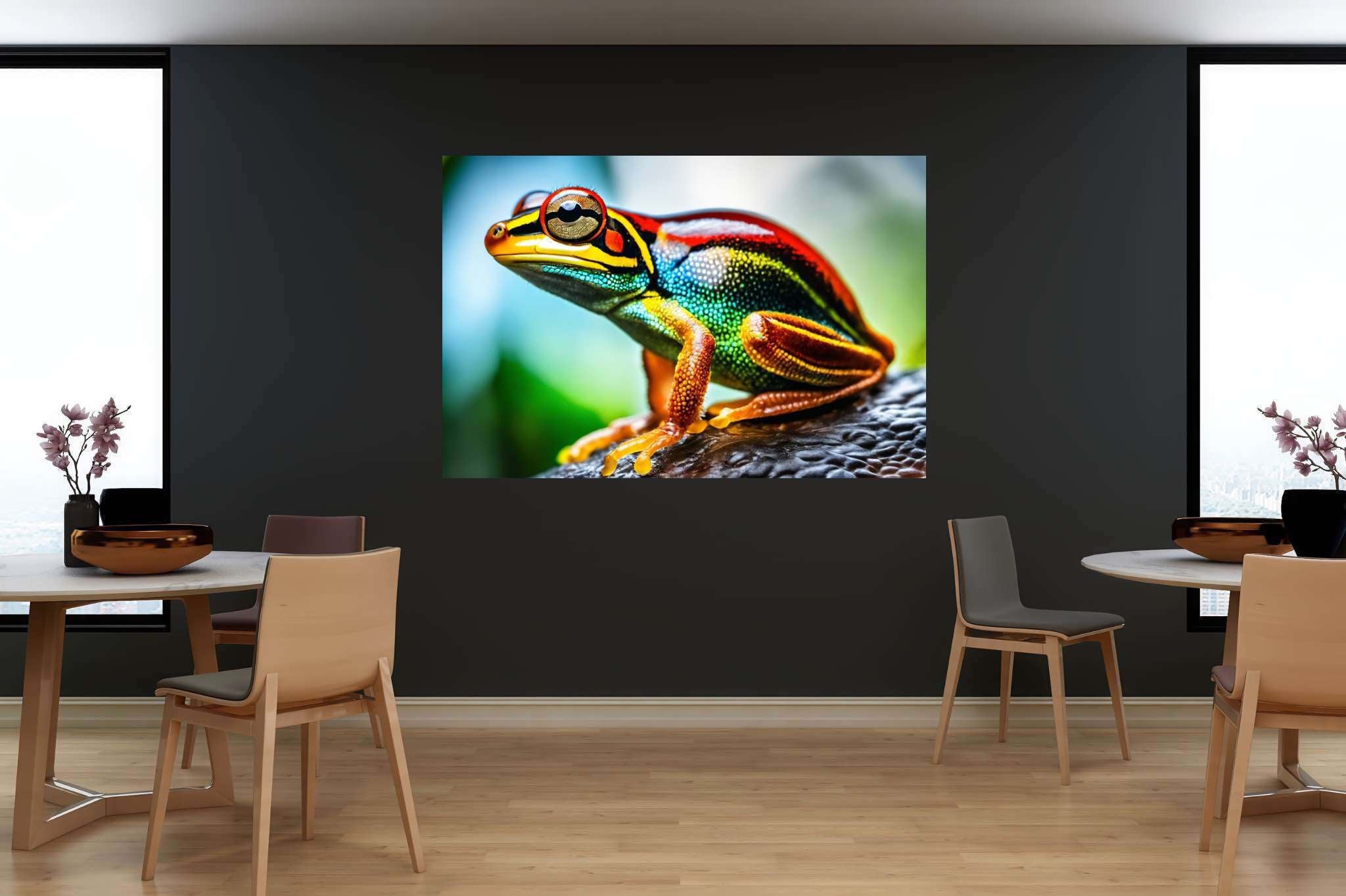 Chroma leap: Vibrant frog art with vibrant animal paintings, in a room with urban design, digital art pieces, and trendy home accents. The art can be printed on poster, framed poster, canvas, metal, acrylic or wood, exclusively at WallArtZen. Find this exact print at https://wallartzen.com/waz84